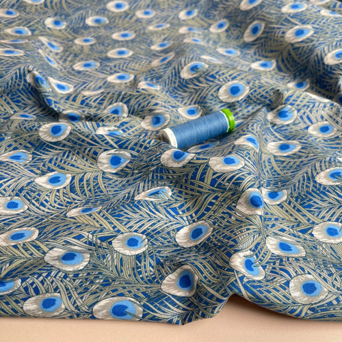 Peacock in Blue Cotton Lawn Fabric