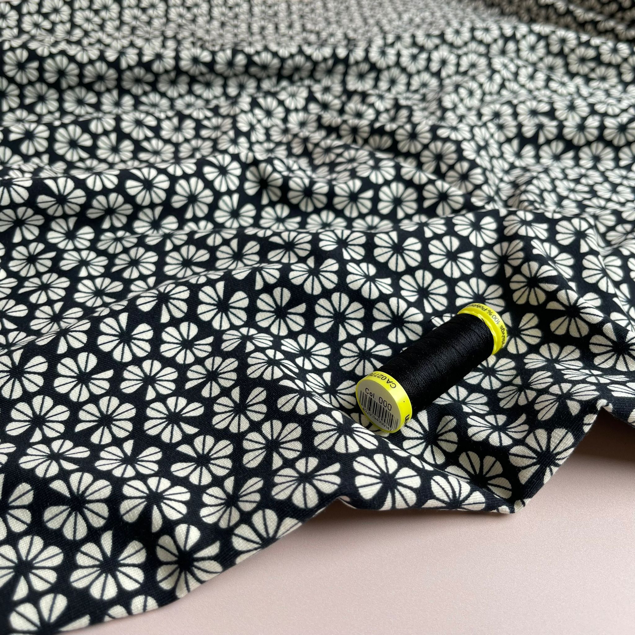 REMNANT 2.20 Metres - Graphic Pansies on Black GOTS Organic Cotton Jersey