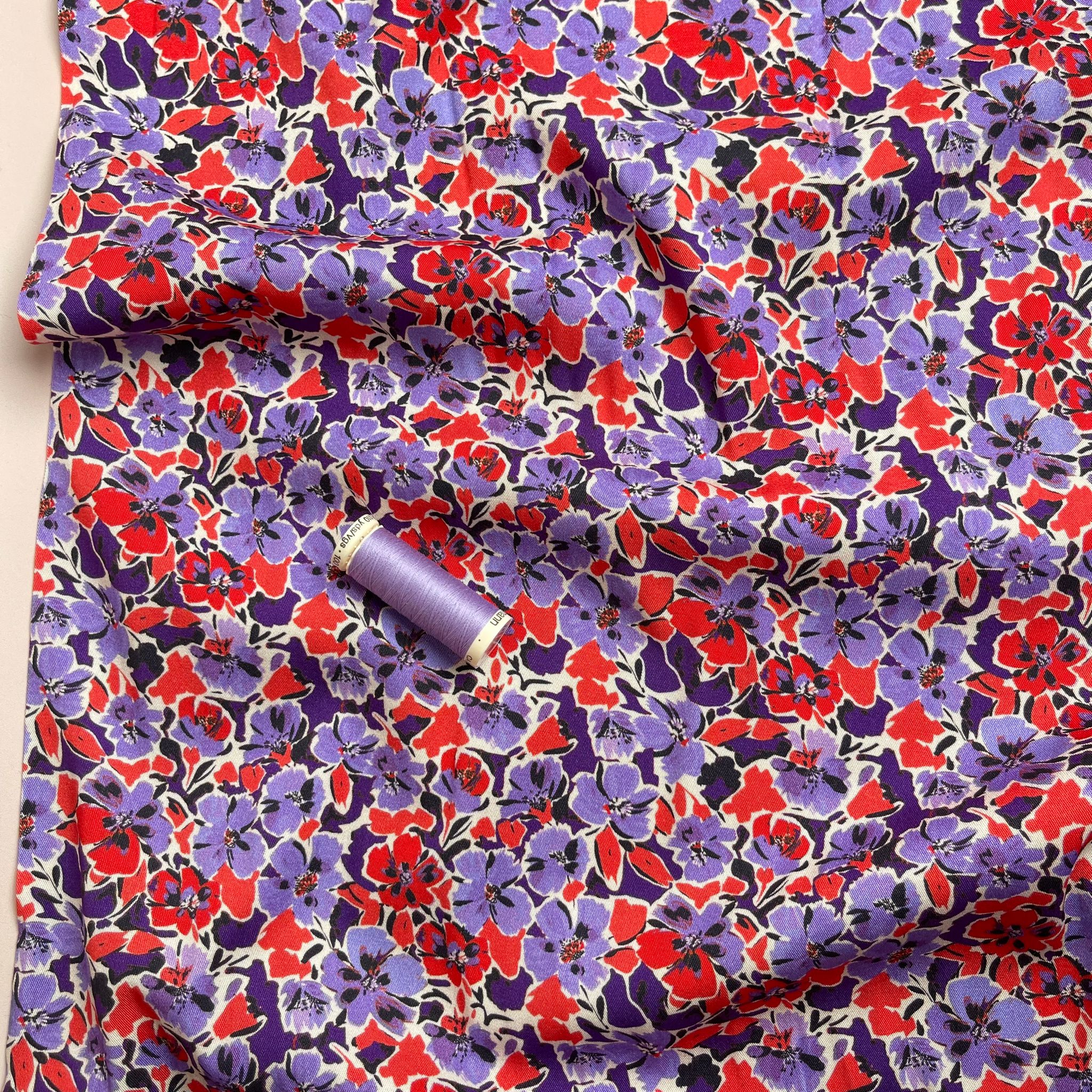 Rosella Primrose in Purple and Red Viscose Twill with Stretch