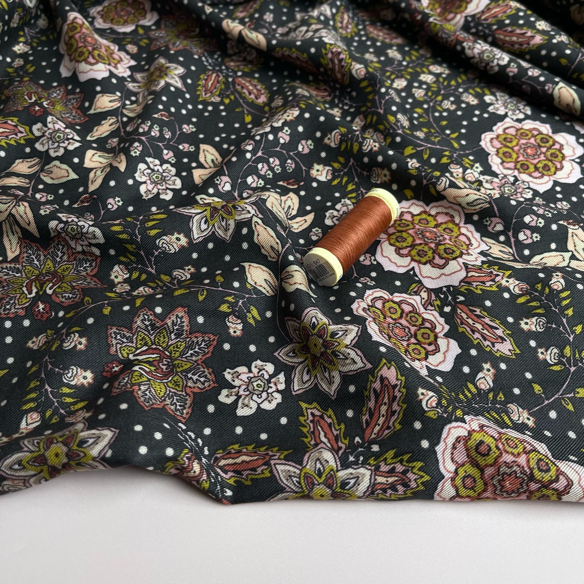 Autumn Paisley Flowers on Black Viscose Twill Fabric