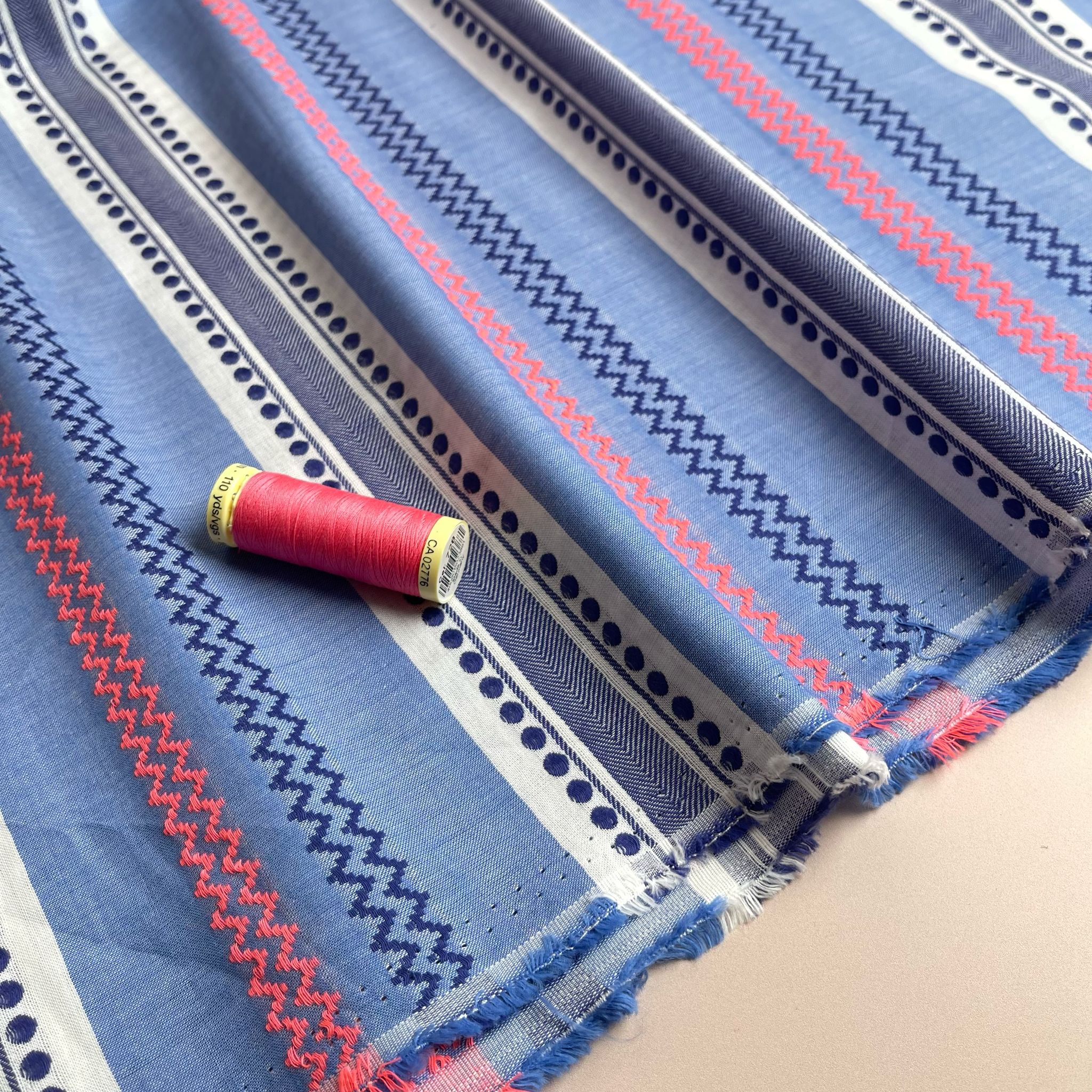 Yarn Dyed Embroidered Stripes on Blue Cotton Fabric