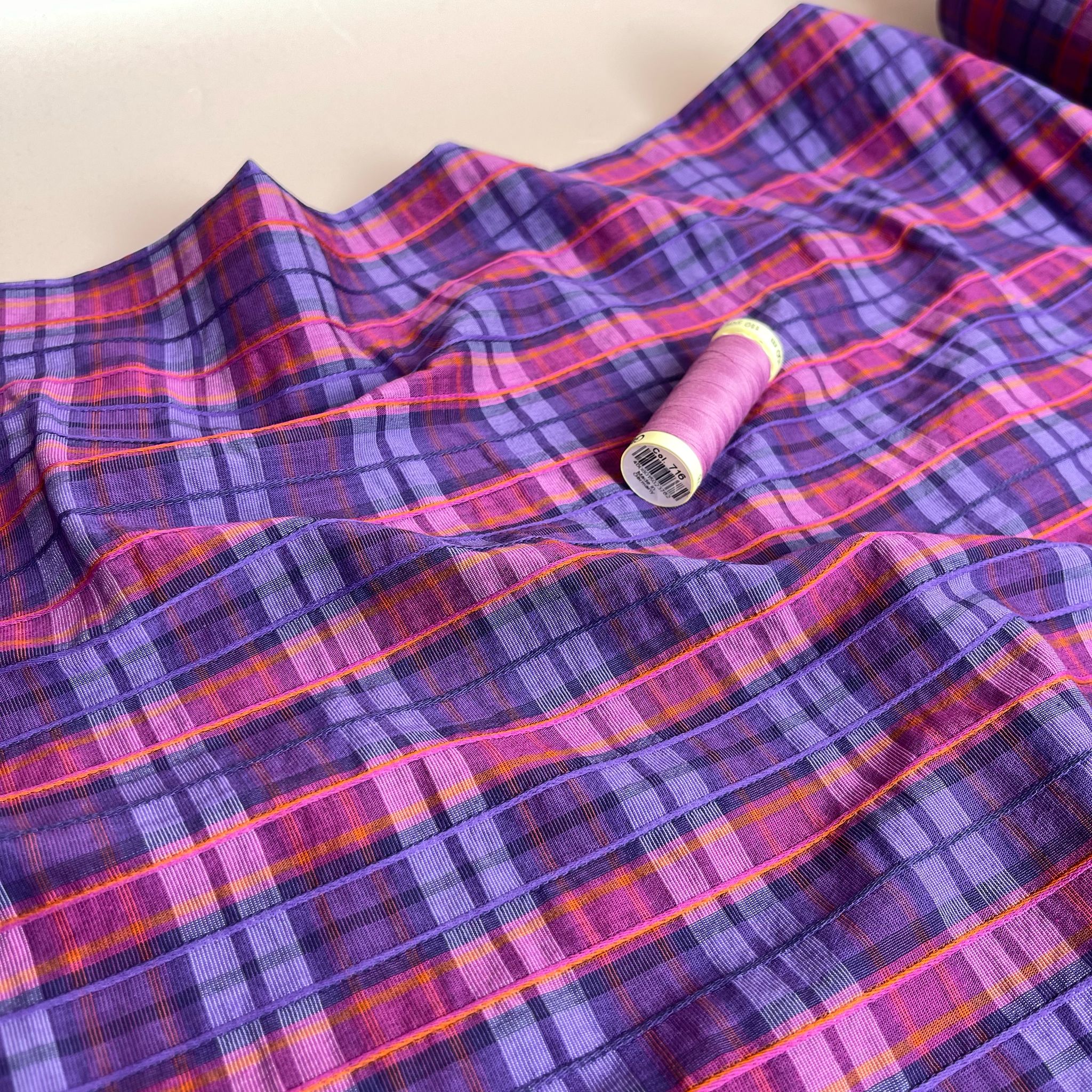 Ex-Designer Deadstock Purple Embroidered Check Cotton Blend Seersucker Fabric