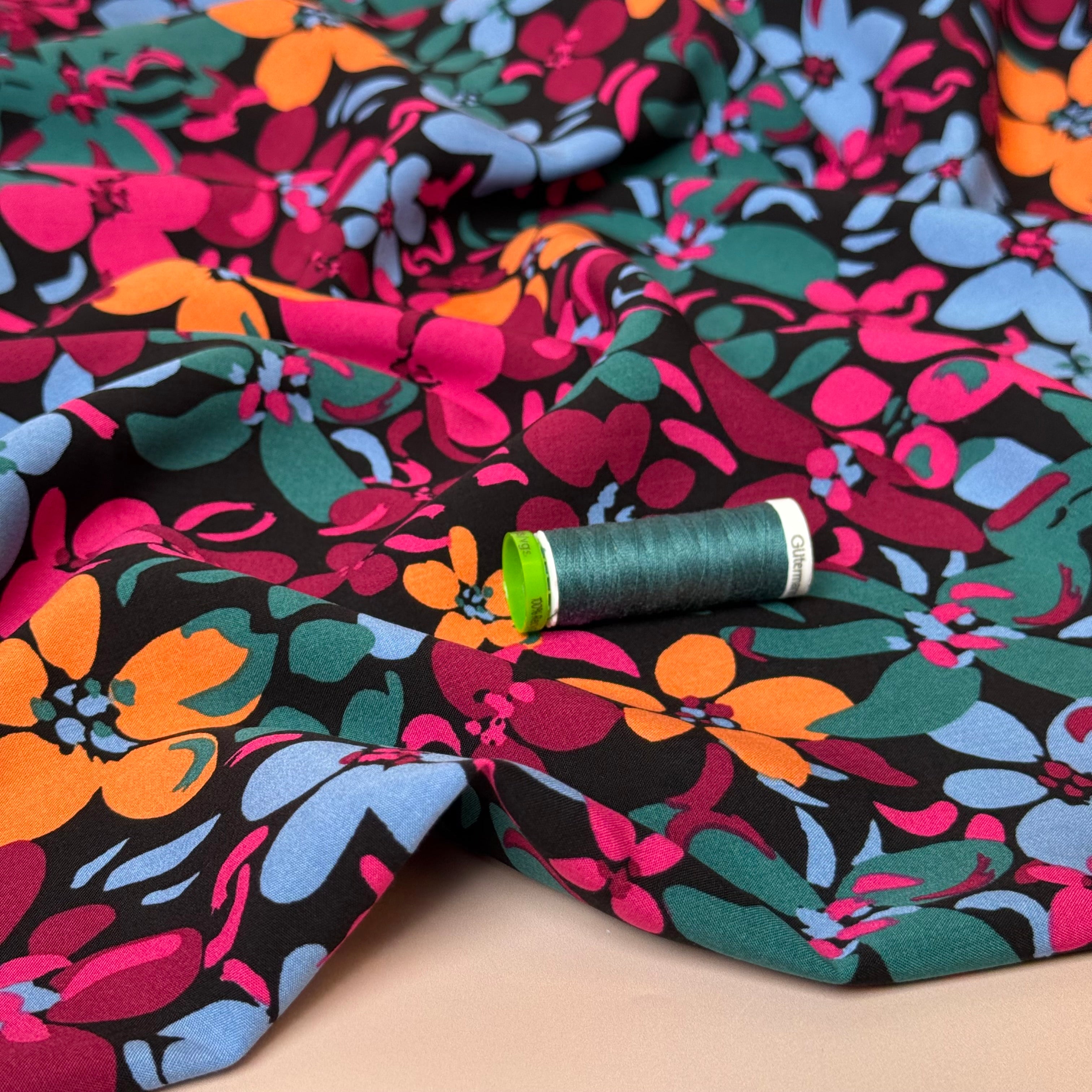 Graphic Floral Field Black Viscose Fabric