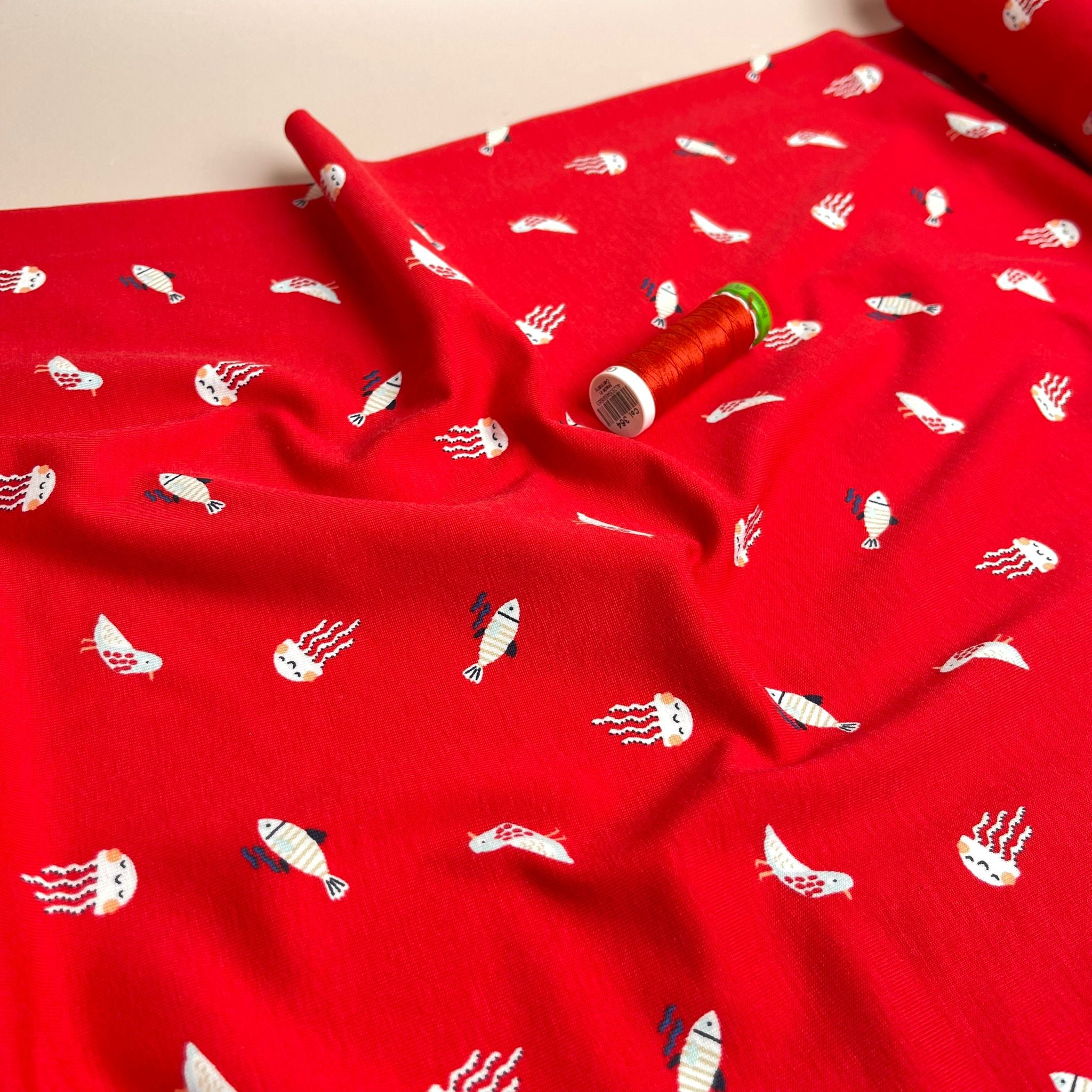 Under The Sea Red Cotton Jersey Fabric