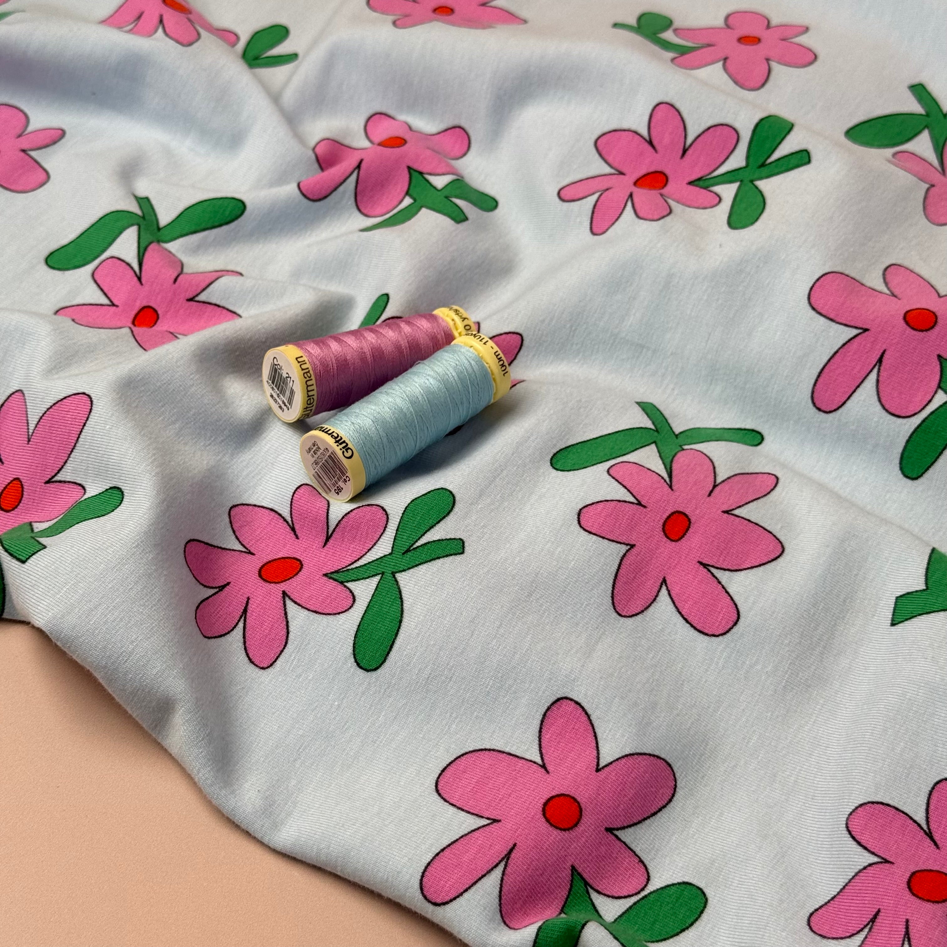 Fun Flowers Blue GOTS Organic Cotton Jersey