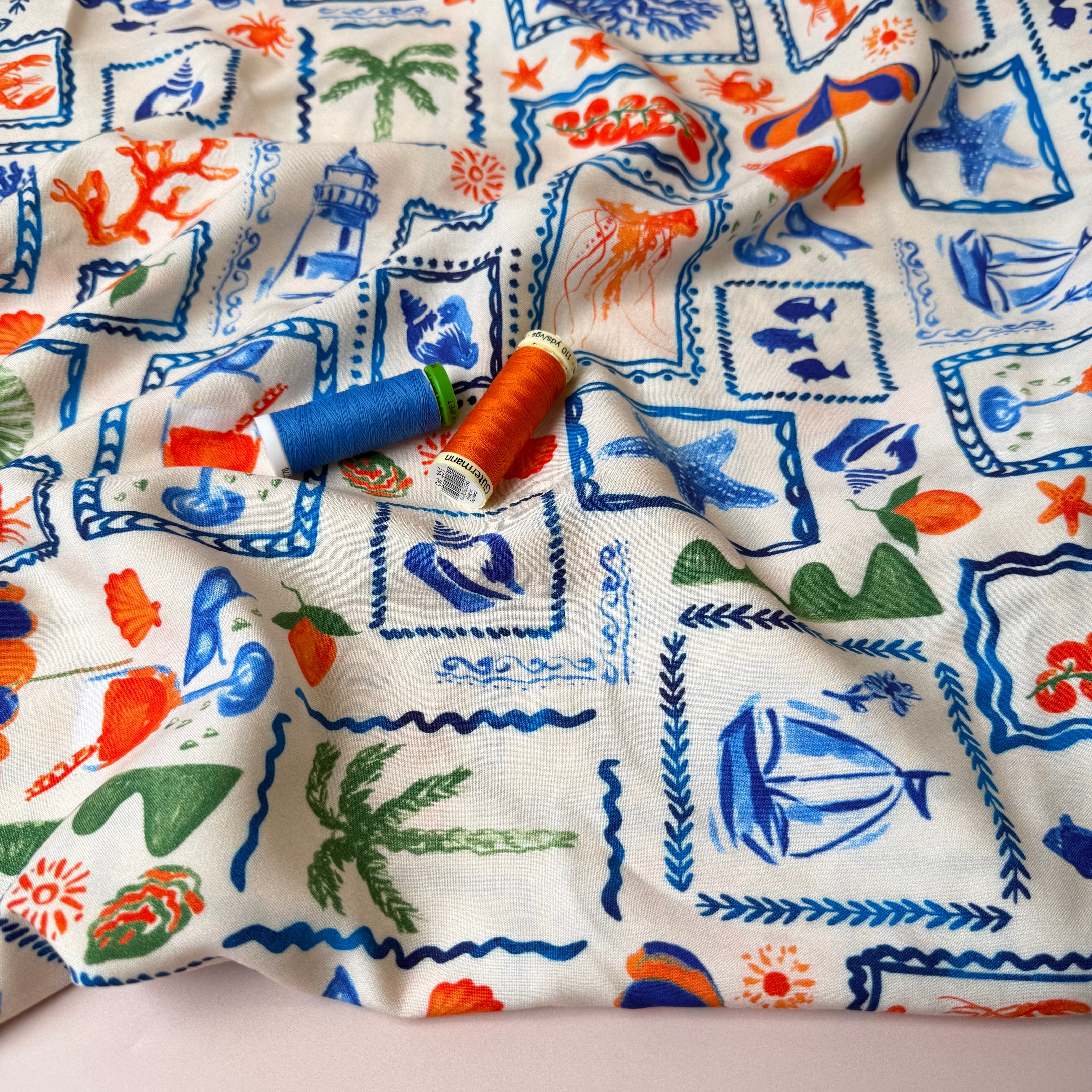 PRE-ORDER (arriving by end of May) - Seaside Postcard on Warm Beige Viscose Poplin Fabric