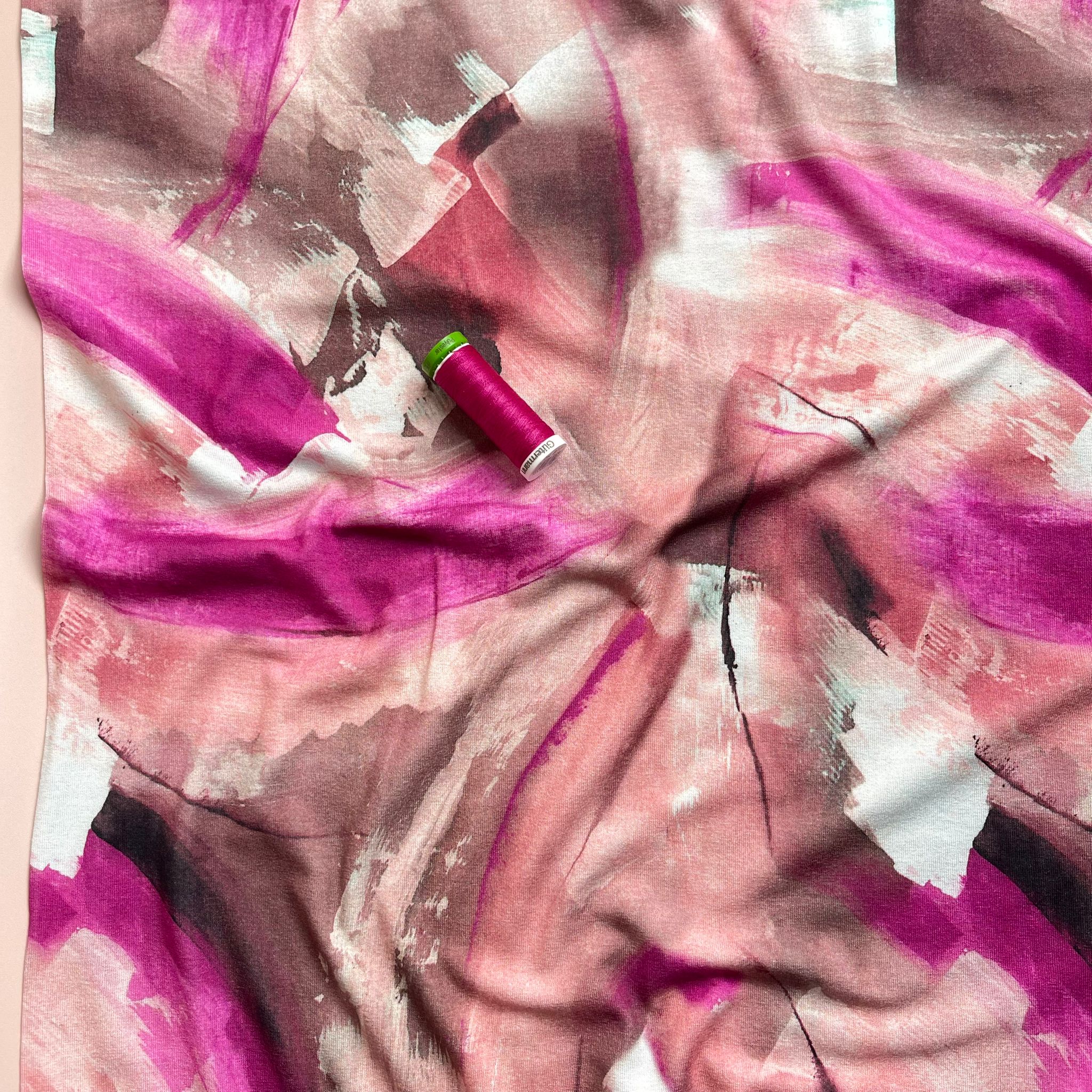 Abstract Painting in Fuchsia and Rose Viscose Jersey Fabric