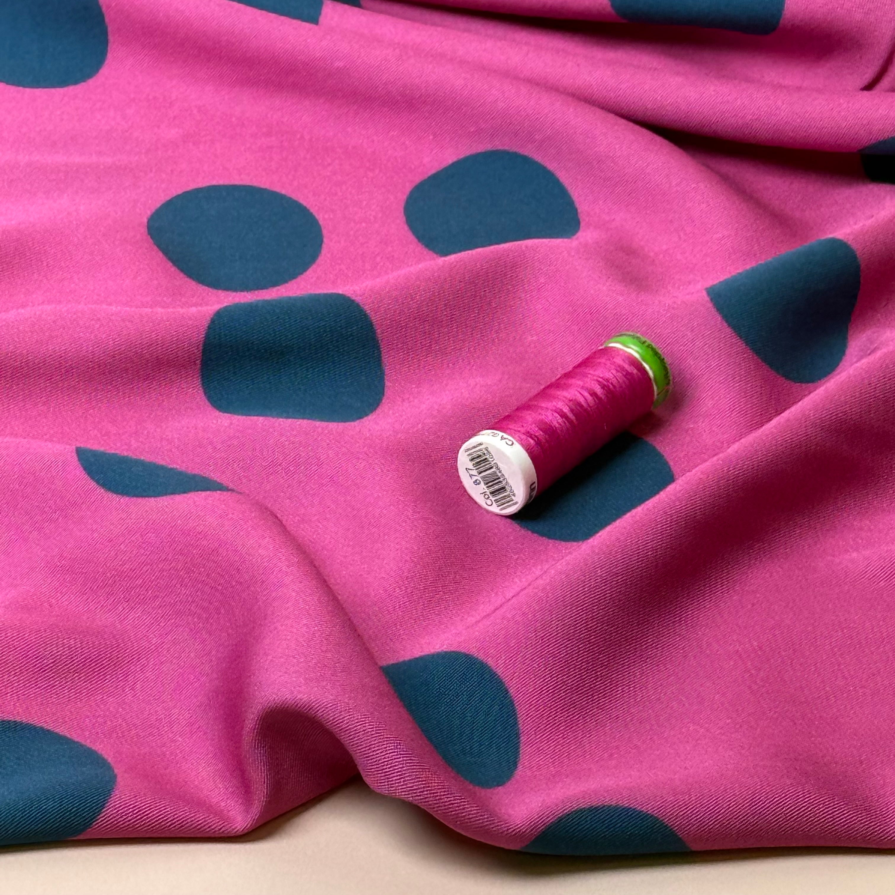 Light & Lush - Large Polka Dots in Blue on Pink Viscose Twill Fabric