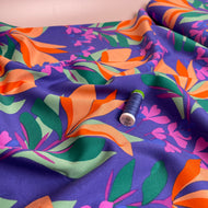 Rosella Spring Garden on Cornflower Blue Stretch Viscose Twill Fabric