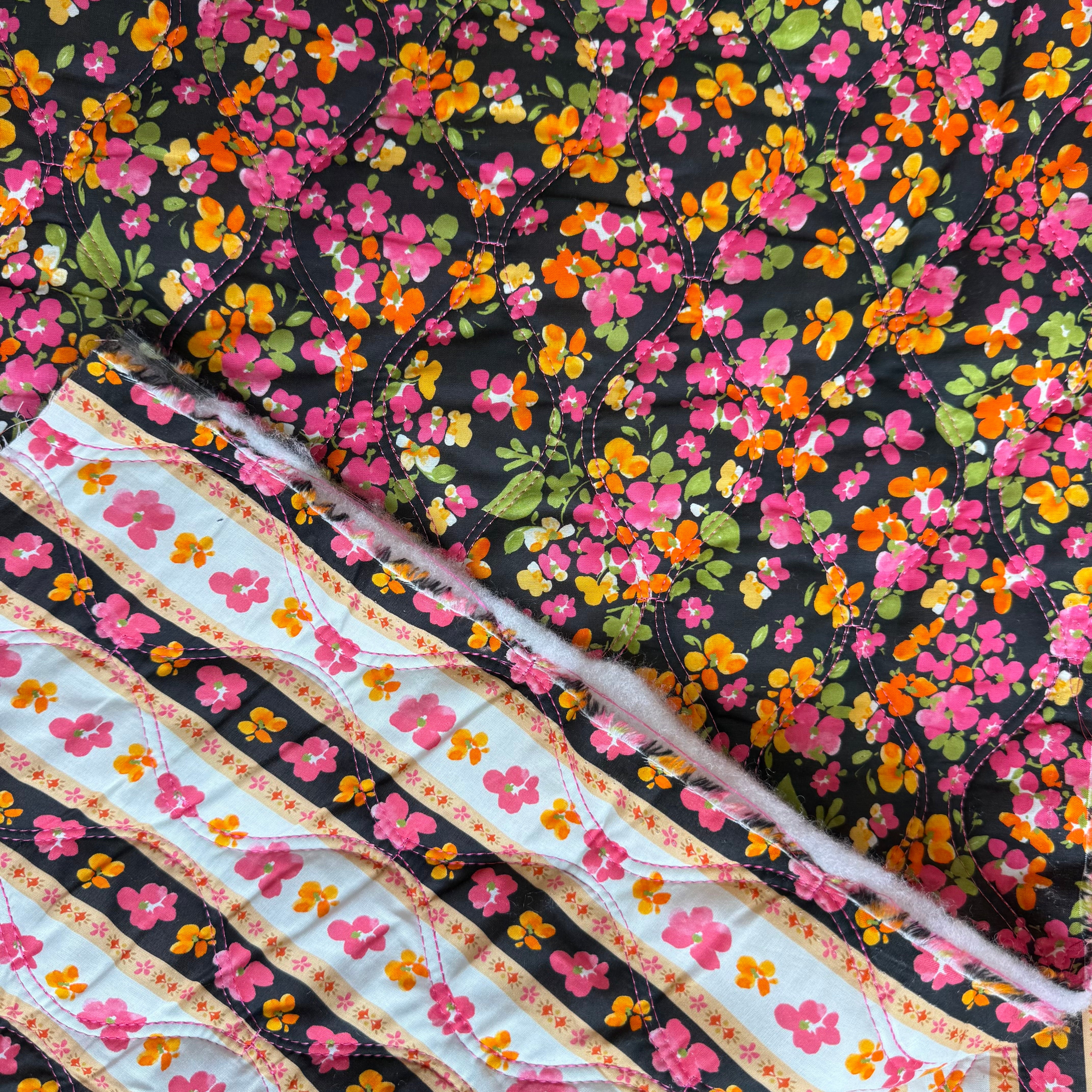 Spring Flowers on Black Quilted Cotton Fabric