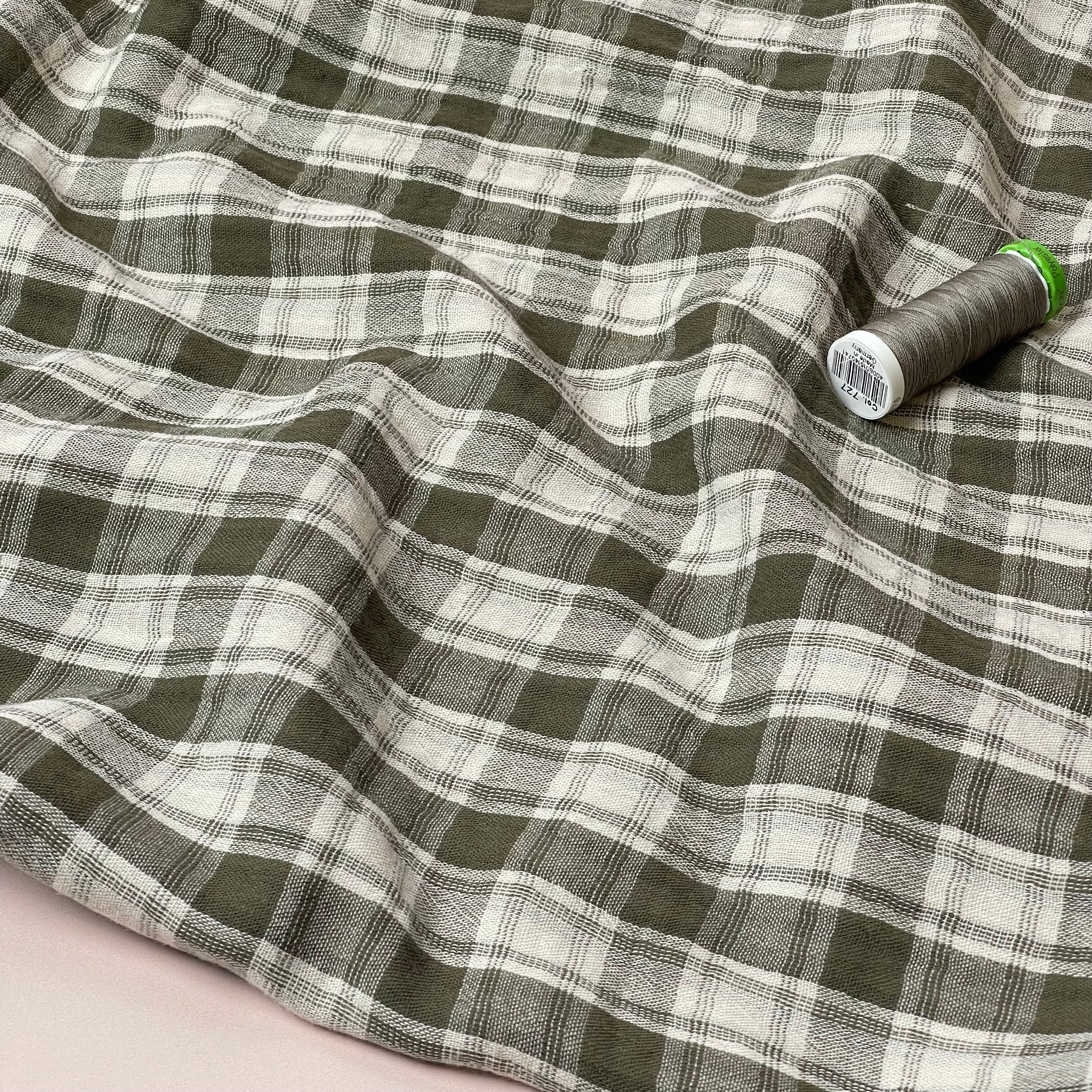 Reversible Olive Checks and Stripes Cotton Double Gauze
