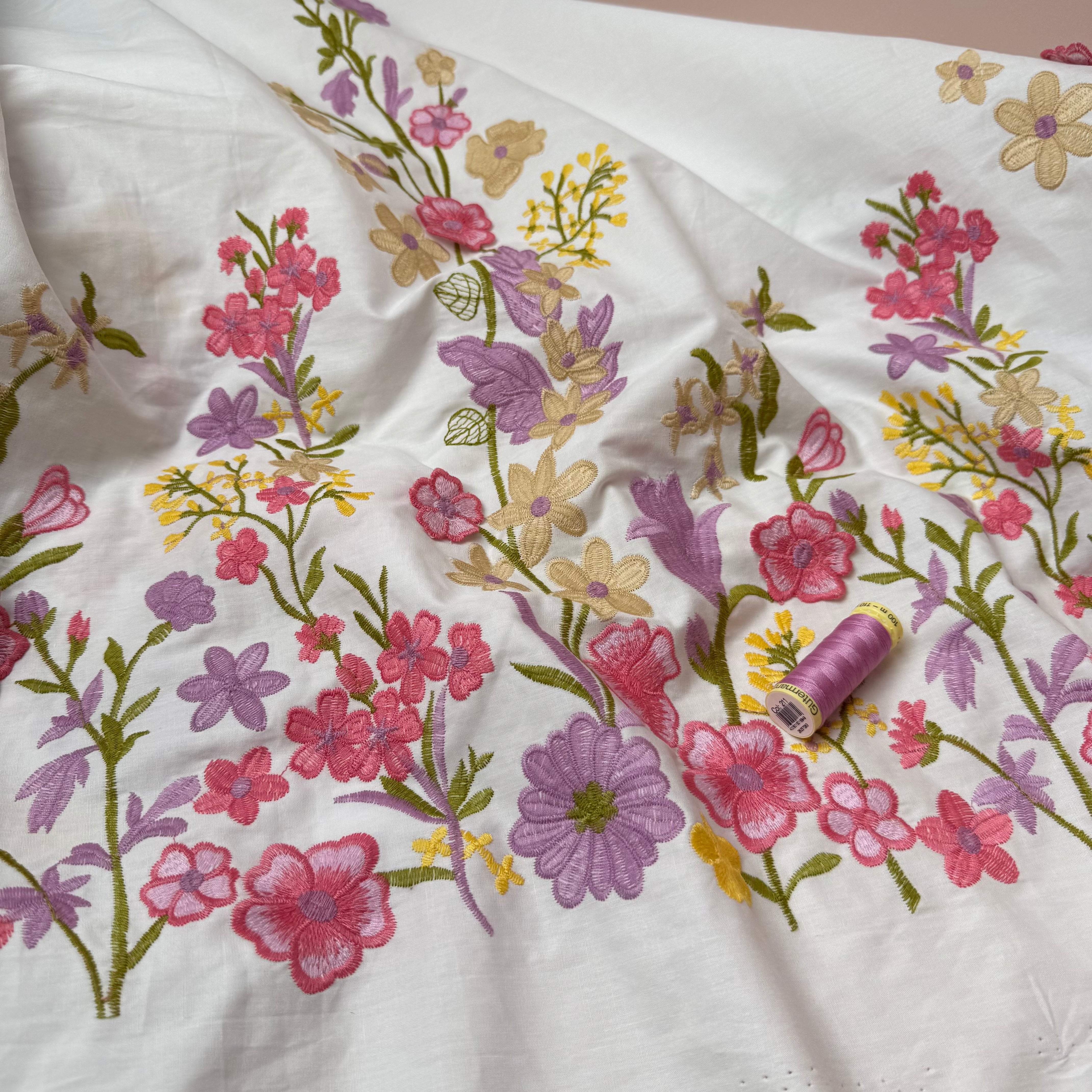 Pink Floral Border Embroidered Cotton Fabric