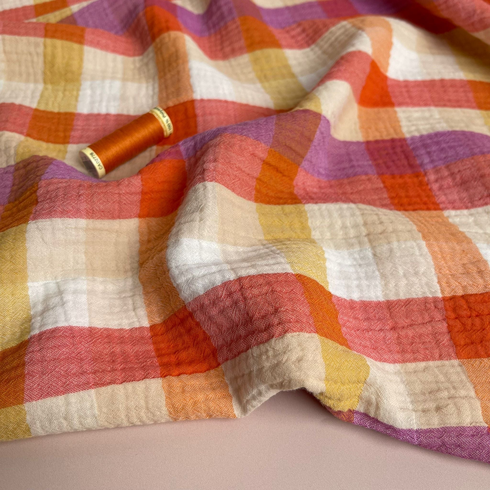 REMNANT 0.42 Metre - Checked Sunset Cotton Double Gauze