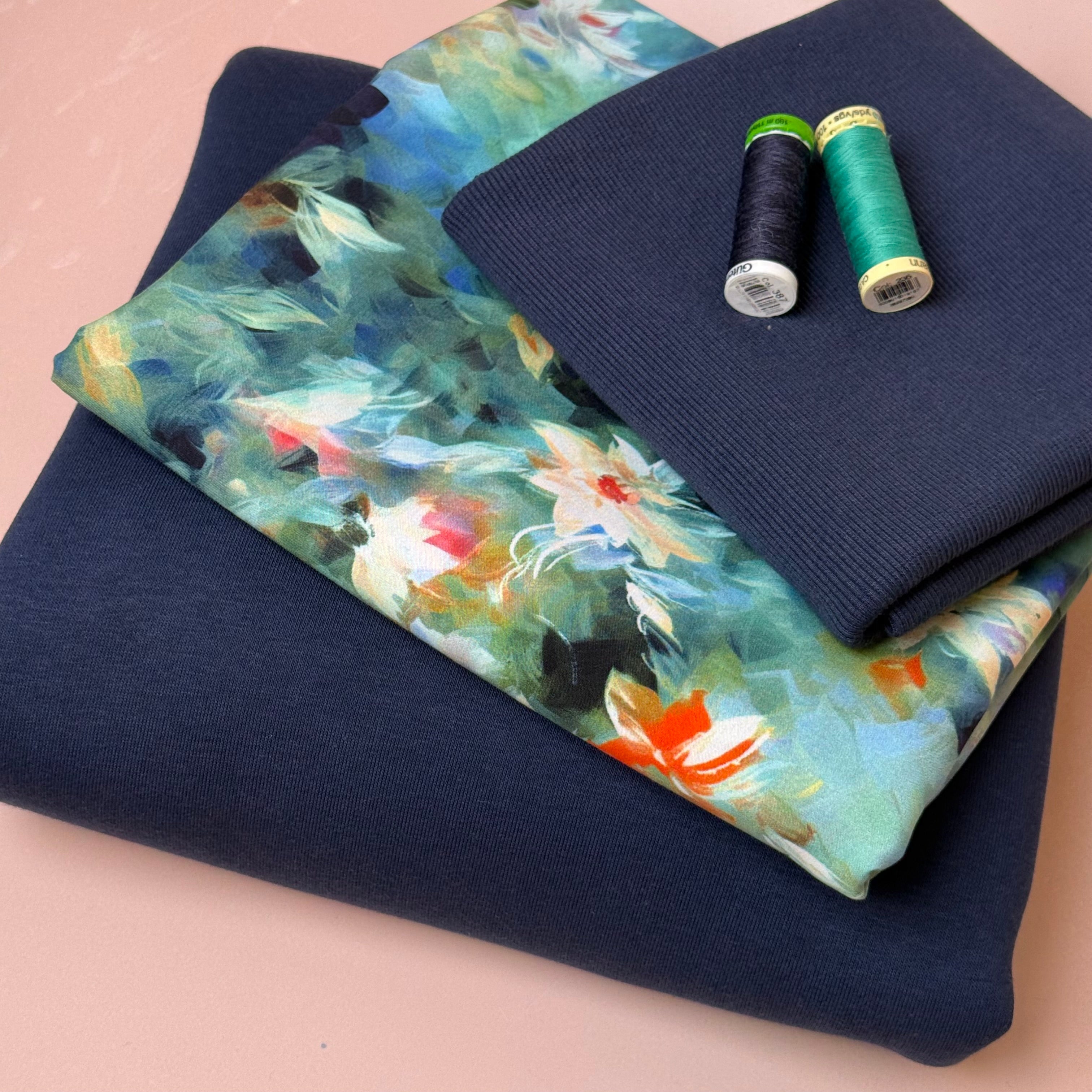 Make an Outfit Colour Bundle - Watercolour Florals Viscose & Sweatshirting in Navy with Ribbing