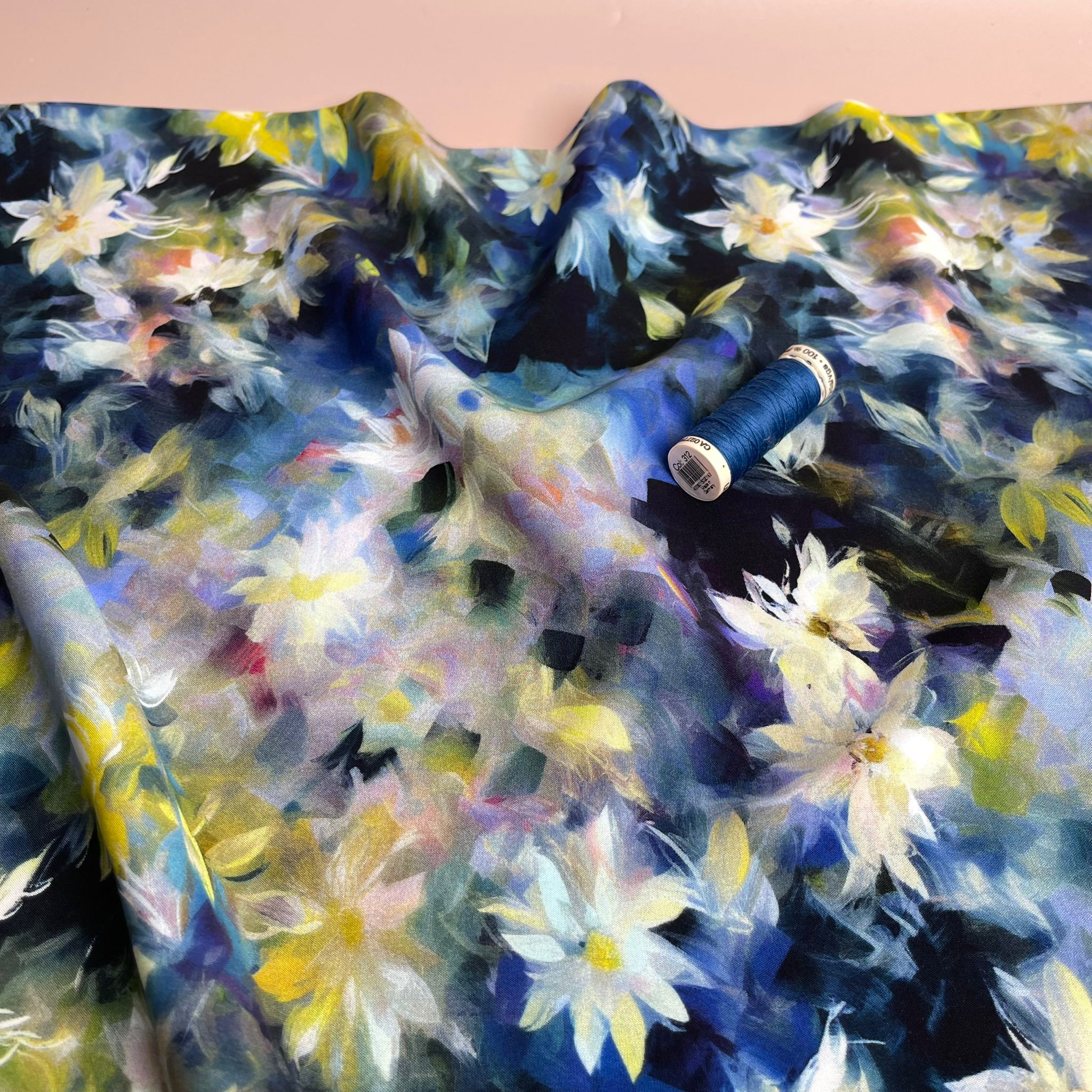 PRE-ORDER Watercolour Florals Cobalt Viscose Poplin Fabric (arriving by mid May)