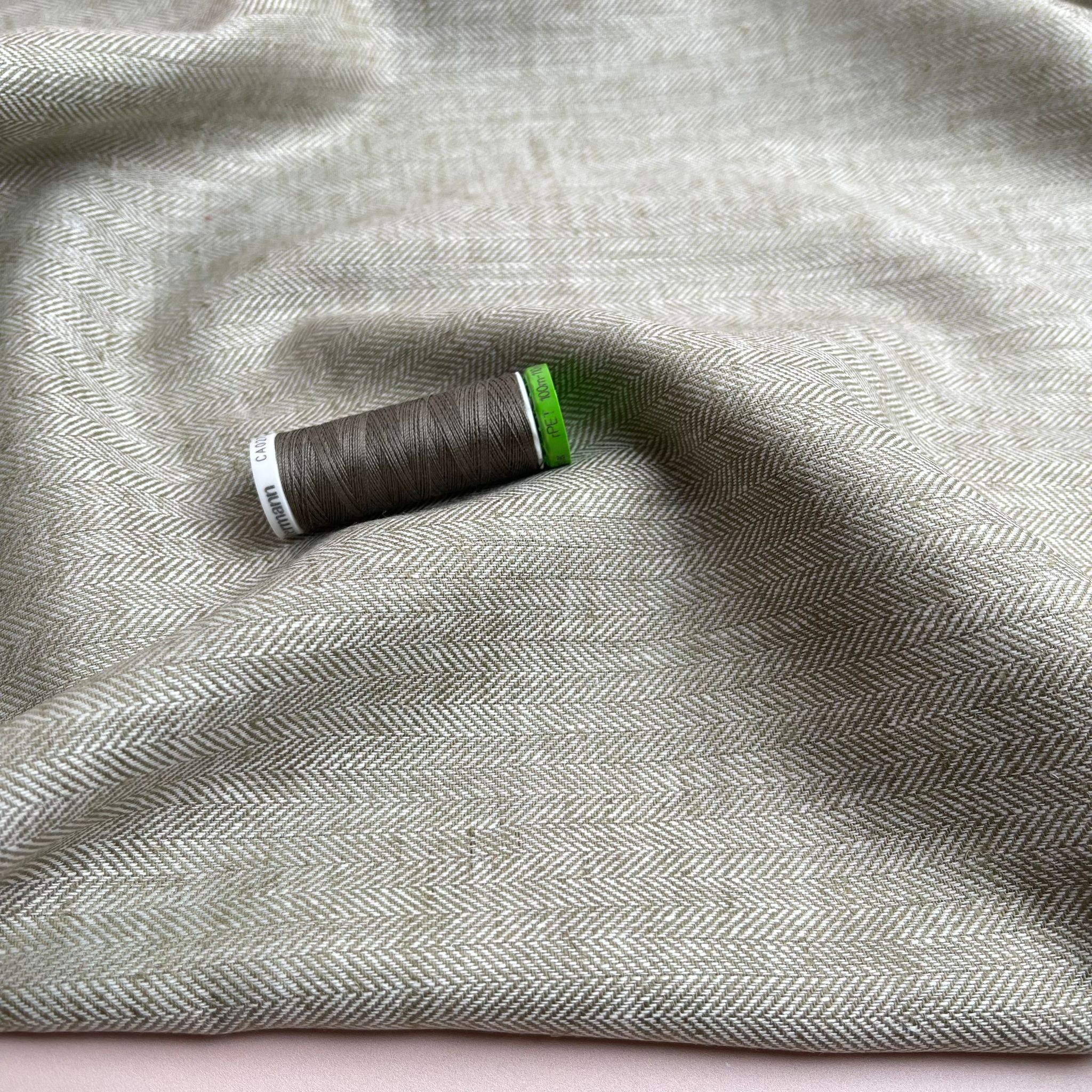 Chevron Olive Grey Linen Cotton Twill