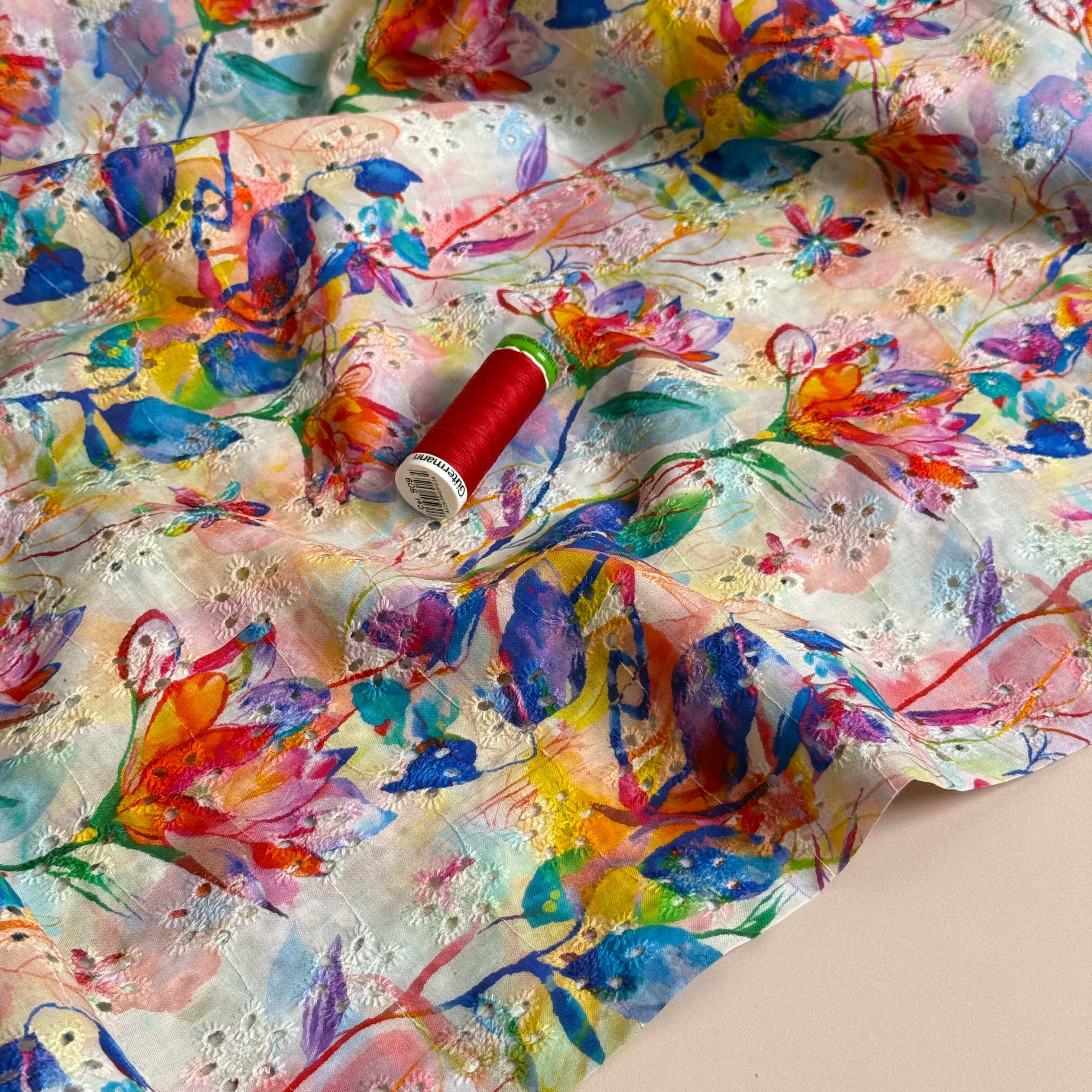 Rainbow Flowers on Embroidered Cotton Voile Fabric
