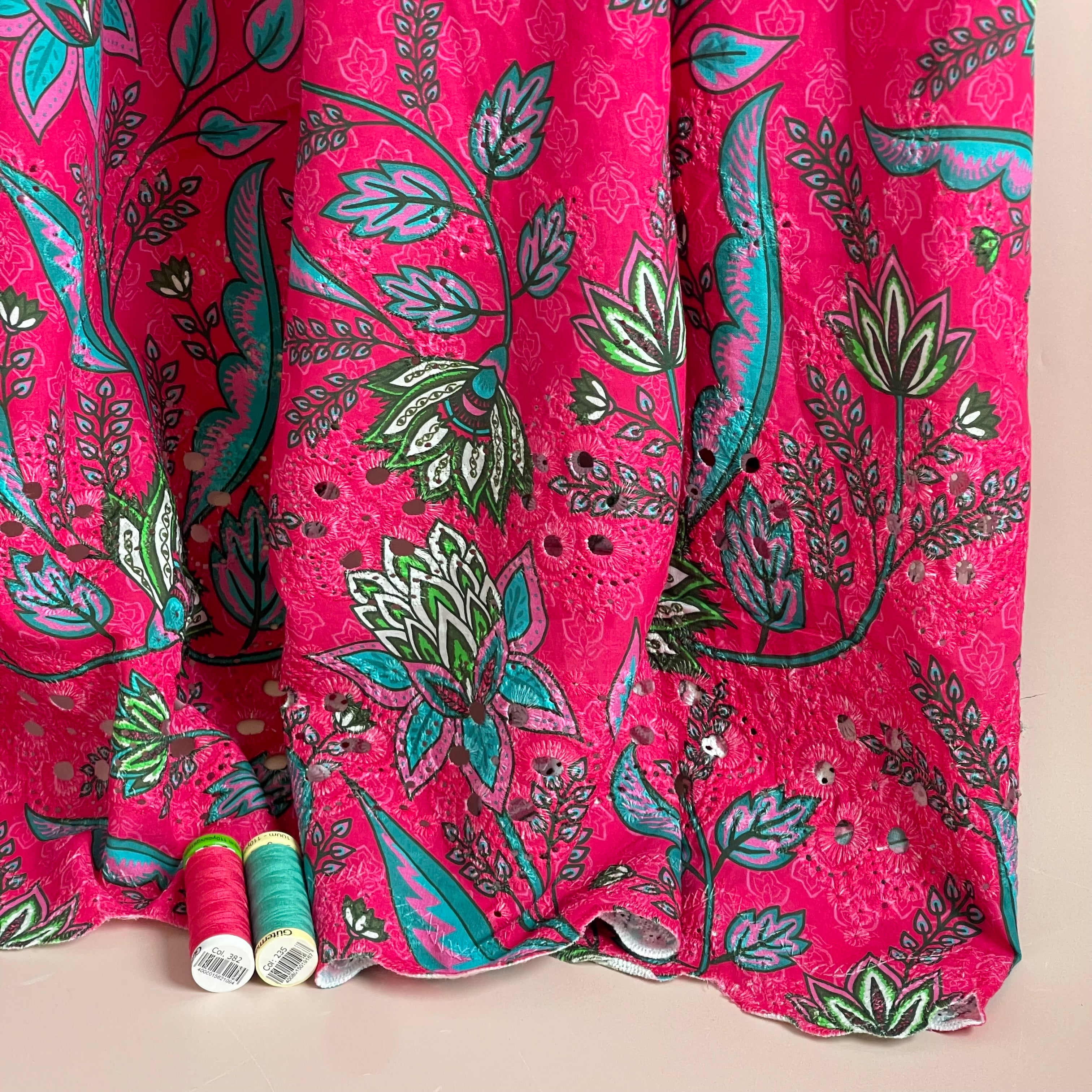 Lotus Flowers on Fuchsia Scalloped Embroidered Cotton Fabric