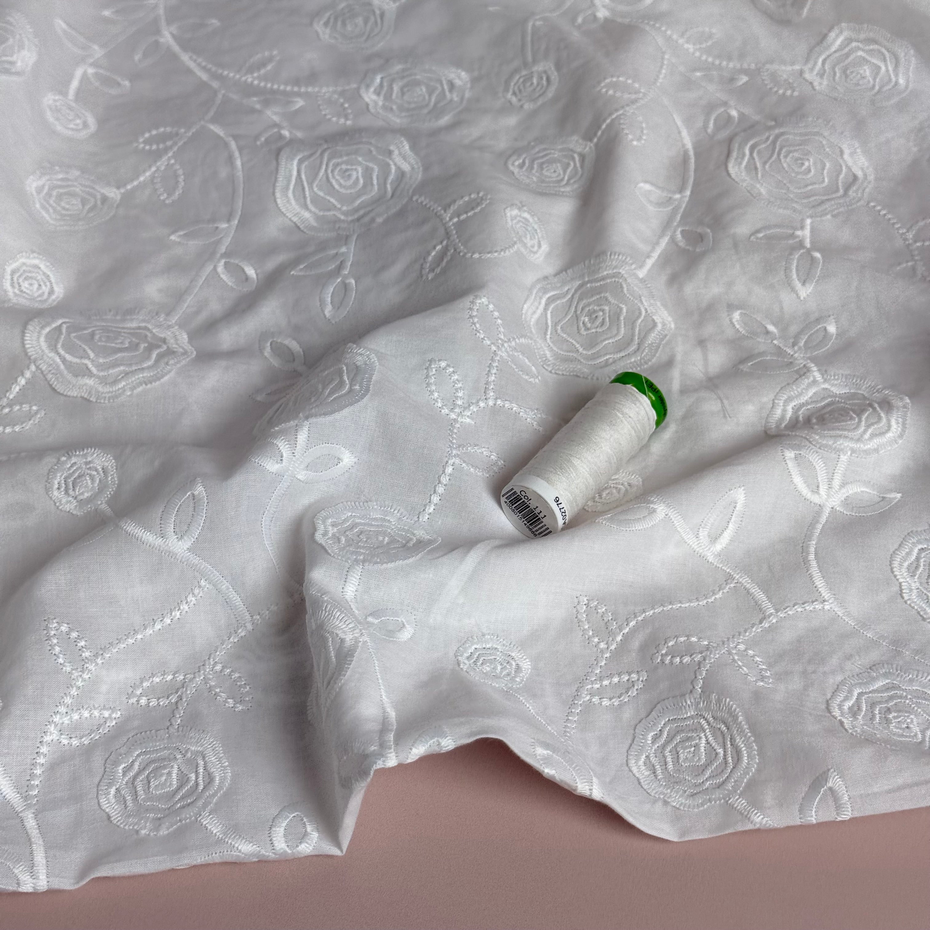 Embroidered Flowers White Cotton Fabric