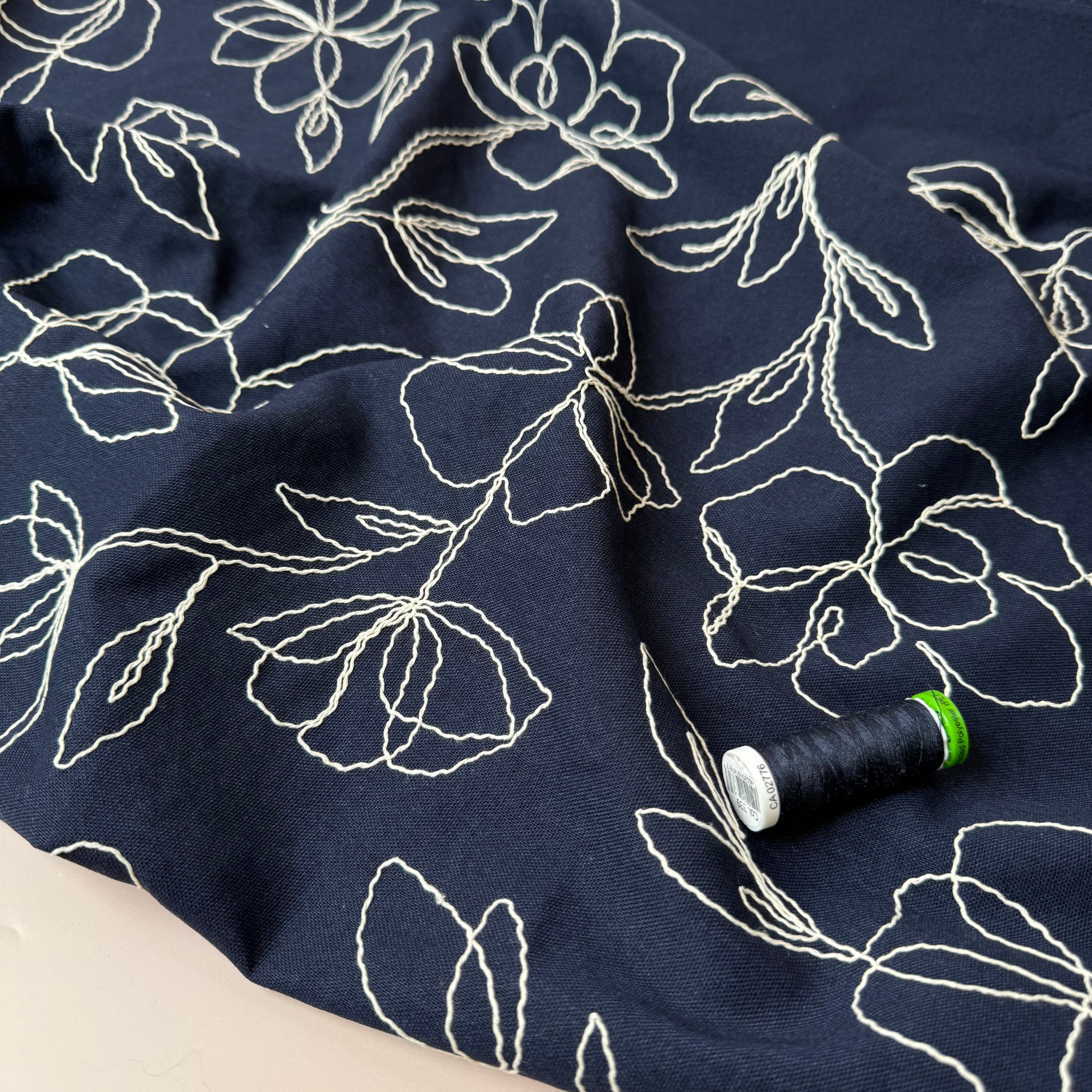 Embroidered Flowers Linen Viscose Blend Fabric in Navy