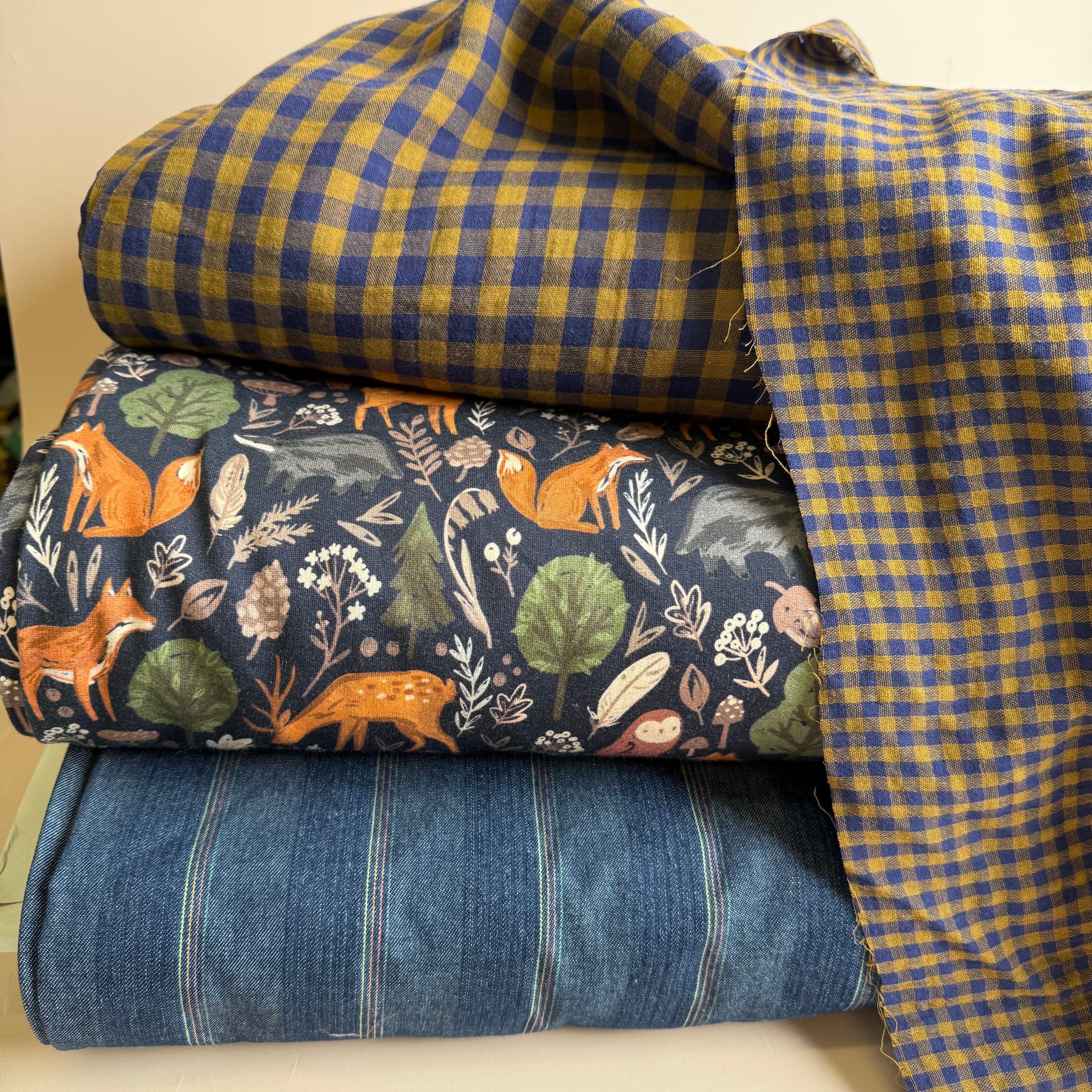 Reversible Navy & Gold Gingham Cotton Double Gauze