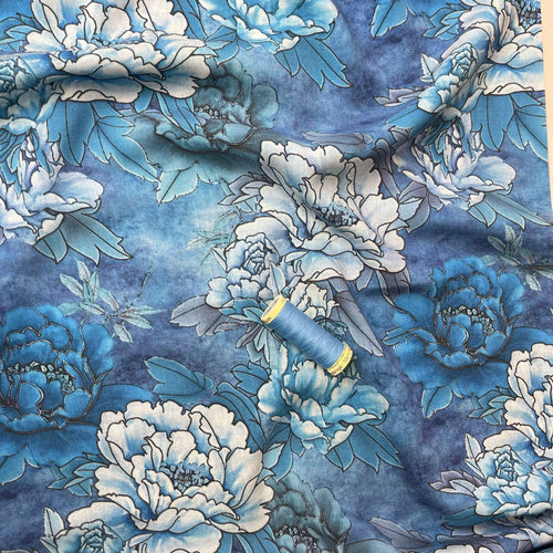 Graphic Peony on Blue Viscose Fabric