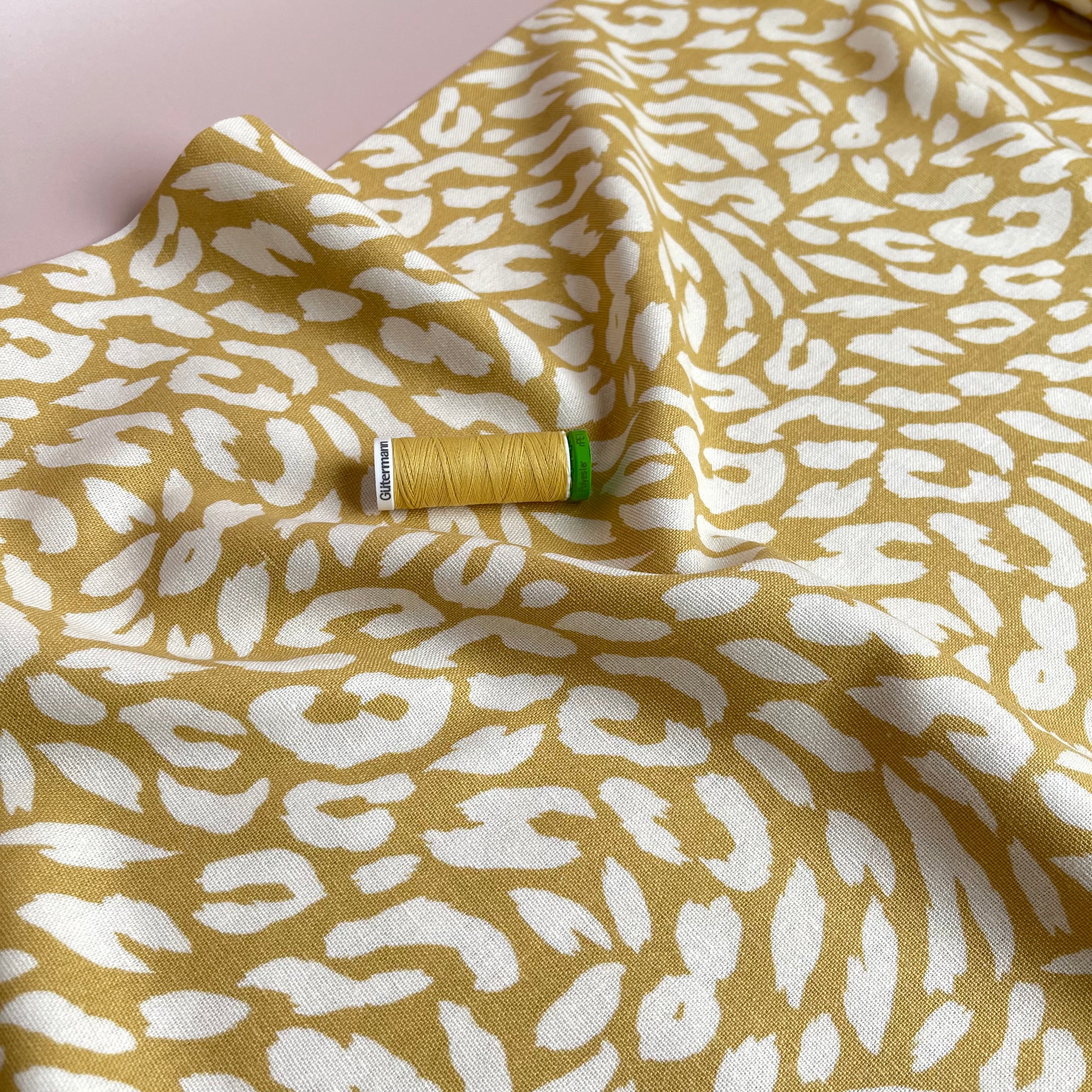 REMNANT 1.5 Metres - Animal Print on Yellow Linen Viscose Blend Fabric
