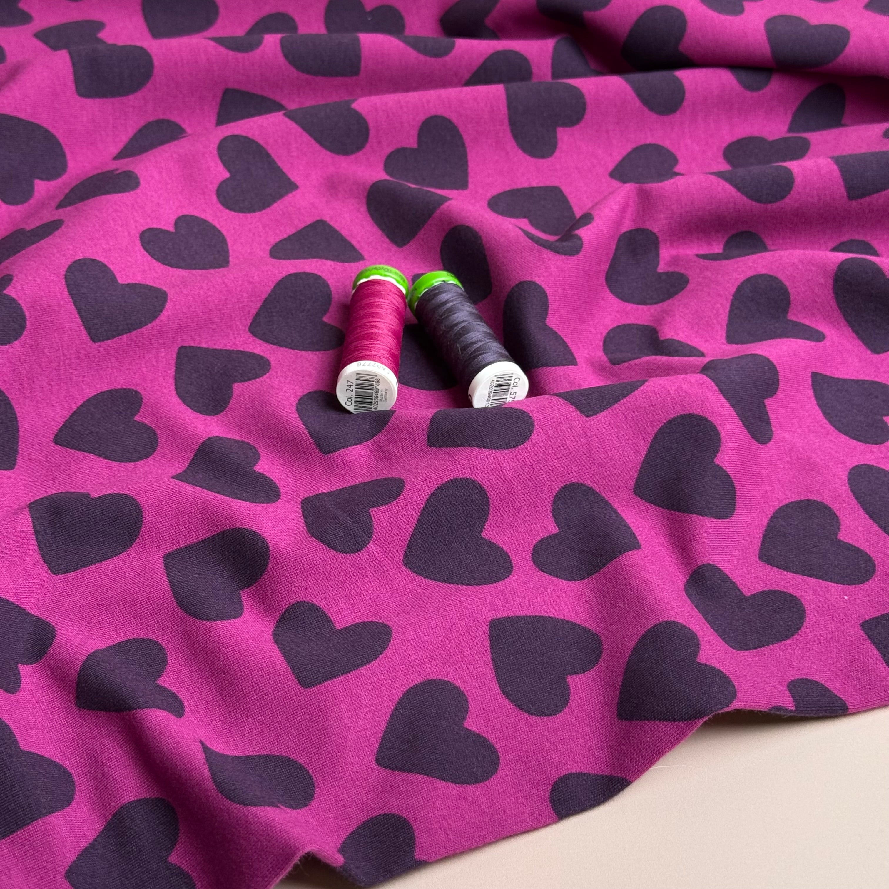 Purple Small Hearts on Pink Peach Soft Cotton Sweat-shirting Fabric