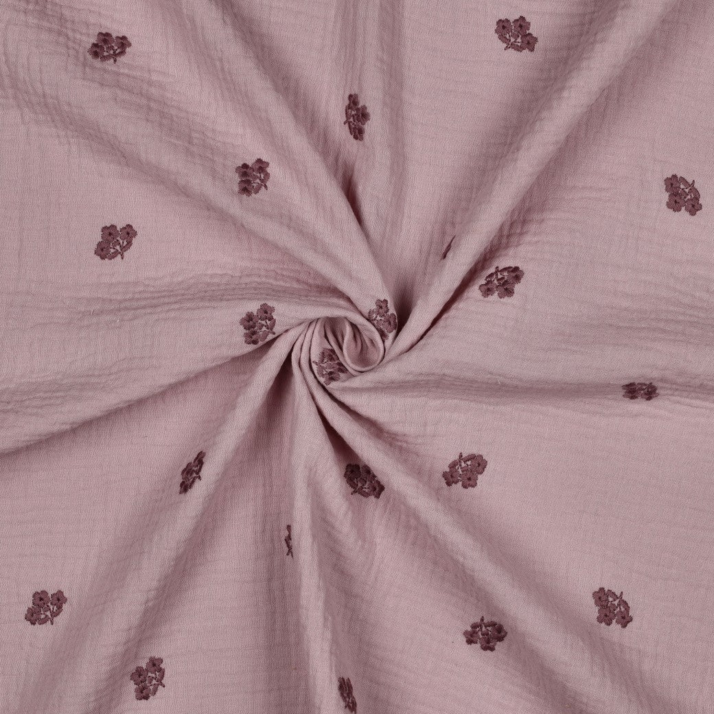 Embroidered Pink Flowers on Mauve Cotton Double Gauze