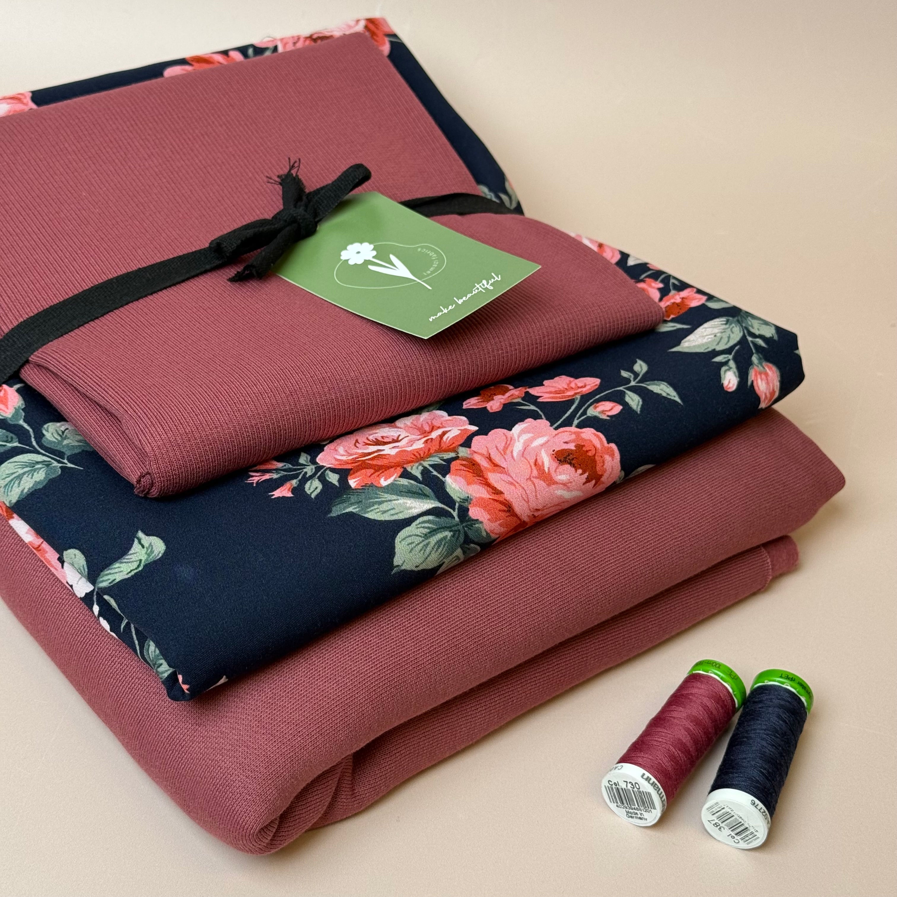 Make an Outfit Colour Bundle - Roses on Navy Viscose & Brushed Sweatshirt in Rosewood with Ribbing