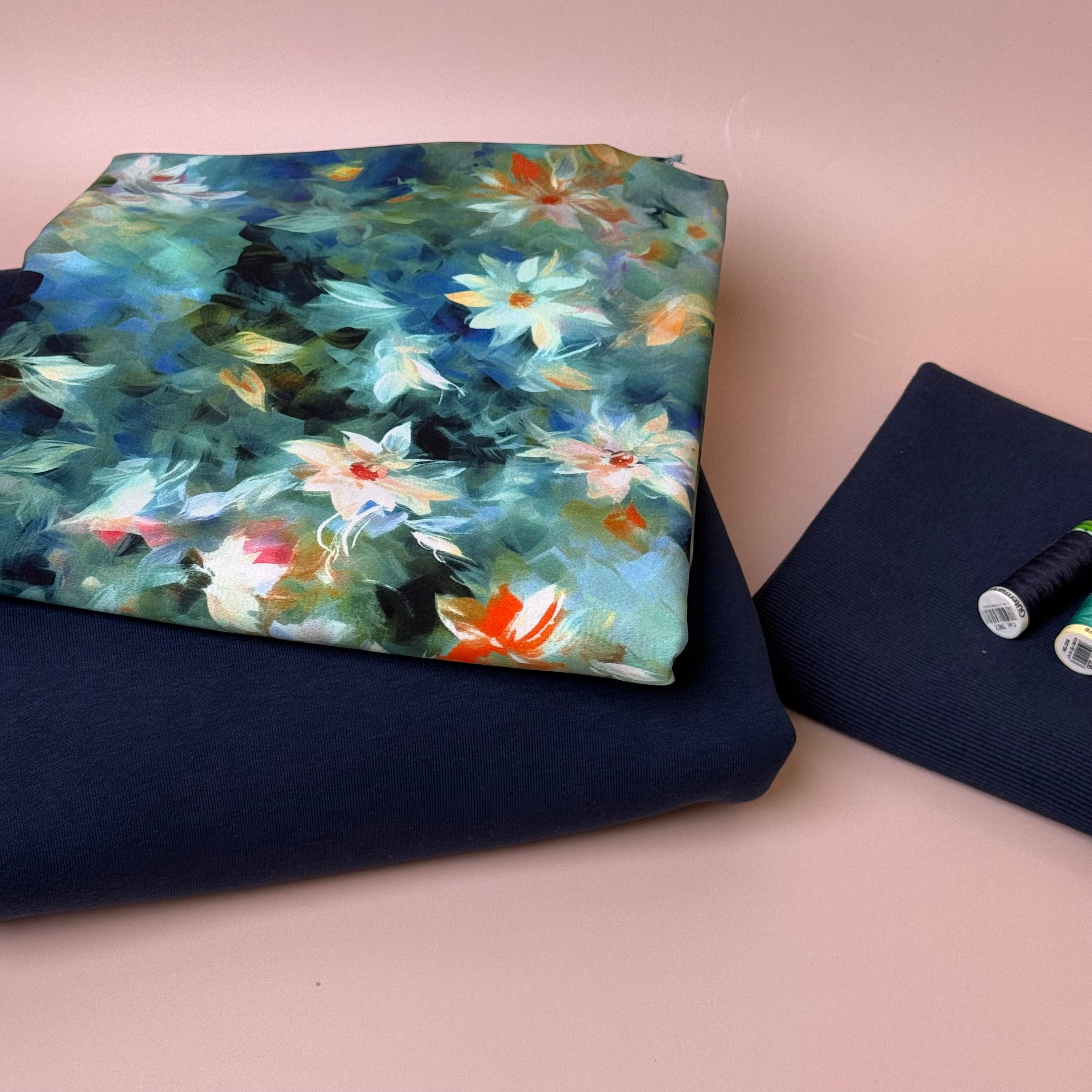 Make an Outfit Colour Bundle - Watercolour Florals Viscose & Sweatshirting in Navy with Ribbing
