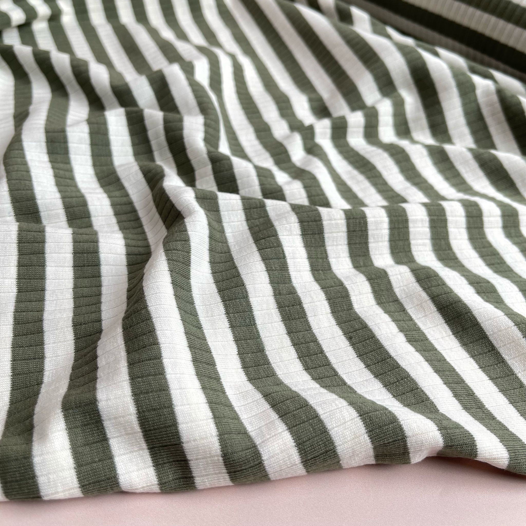 Yarn Dyed Striped Cotton Ribbed Jersey in Khaki and White