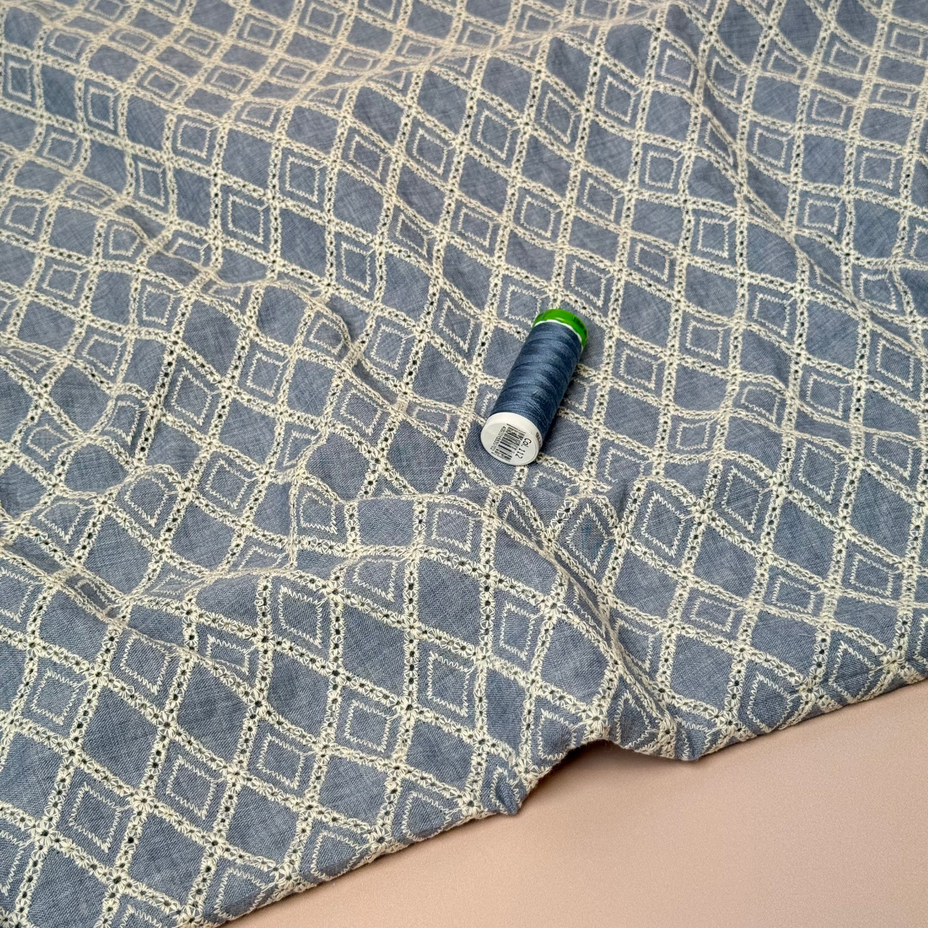 Embroidered Rhombus on Blue Eyelet Cotton Fabric