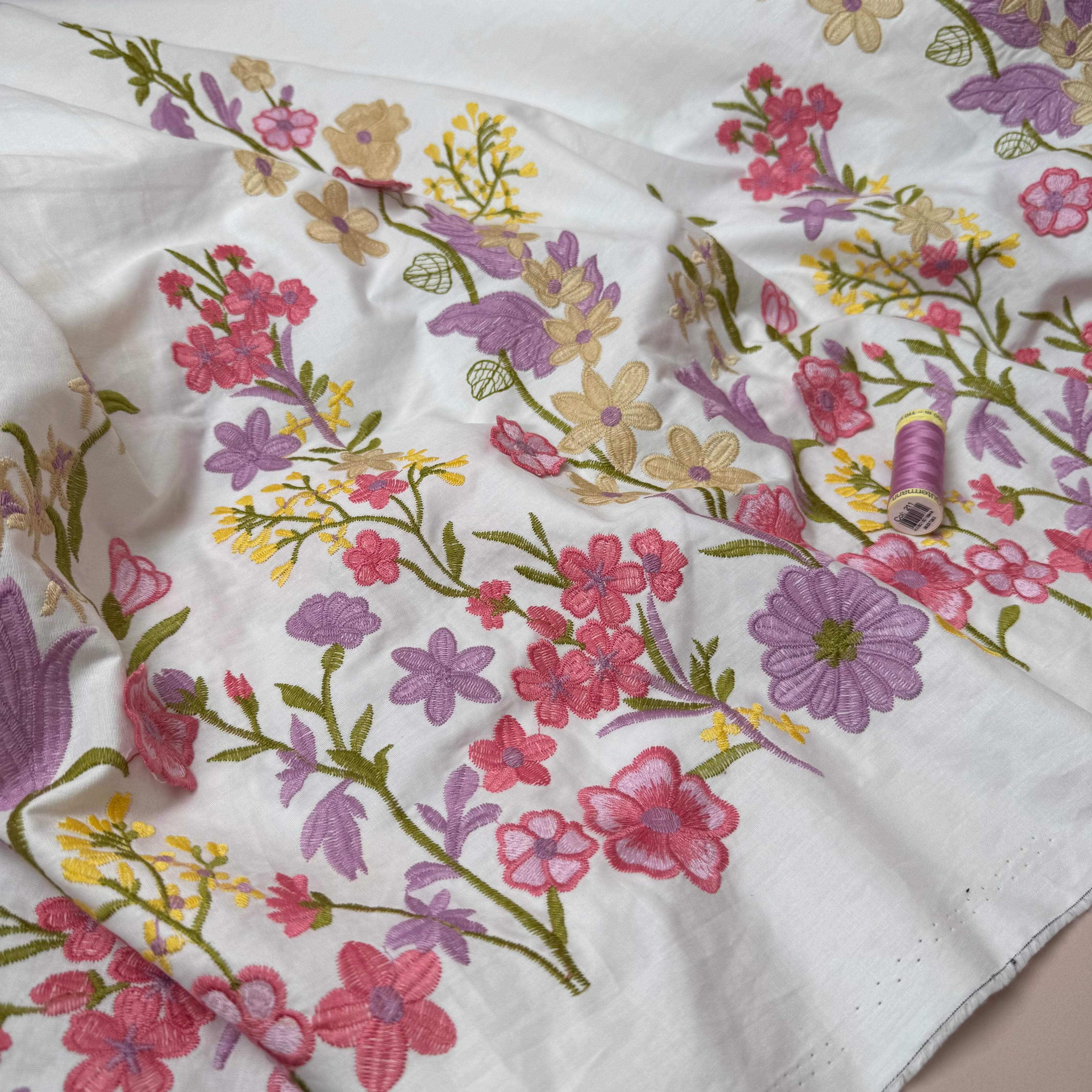 Pink Floral Border Embroidered Cotton Fabric