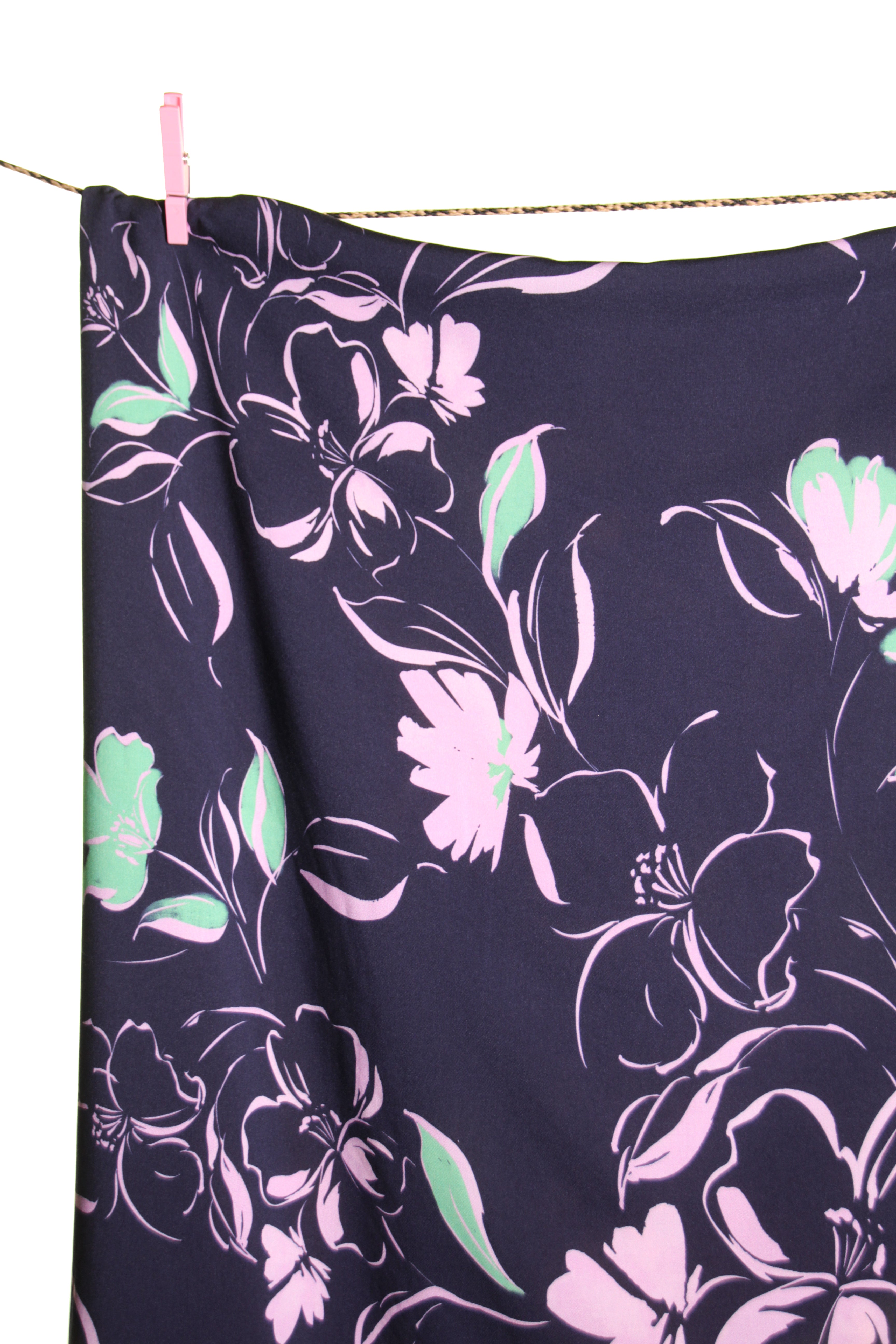 Atelier Jupe - Lilac & Green Flowers on Dark Blue Viscose Fabric