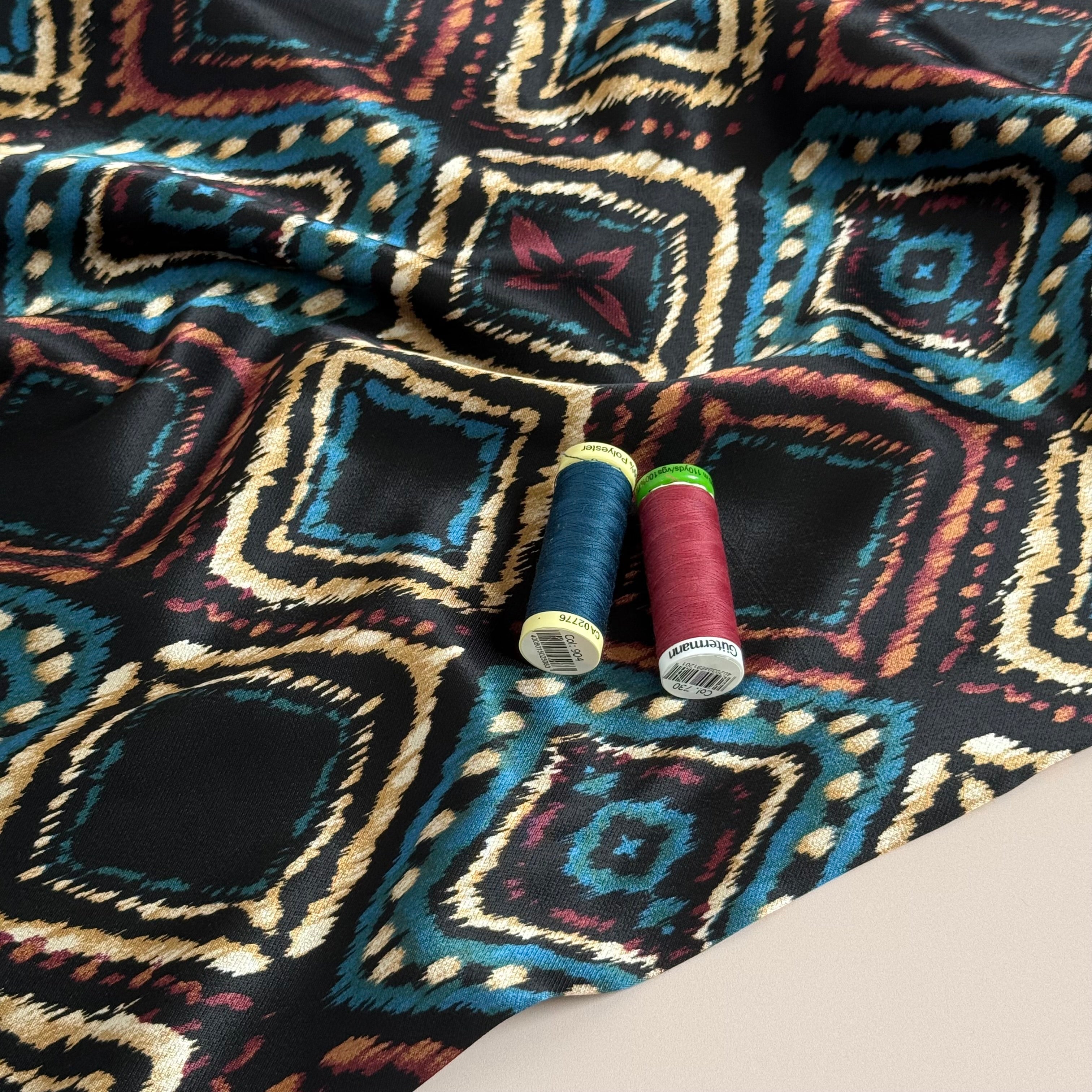 Retro Shapes Spun Viscose Sateen Fabric