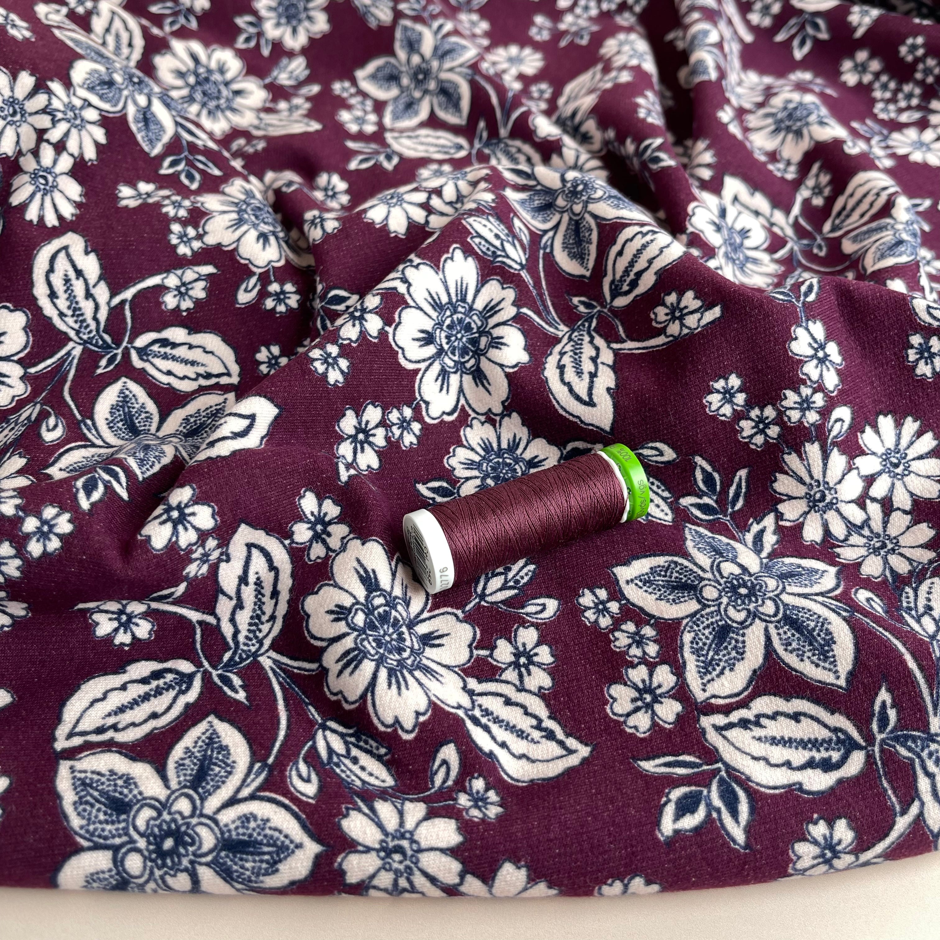 REMNANT 0.47 Metre - Line Flowers Berry Peach Soft Cotton Sweat-shirting Fabric