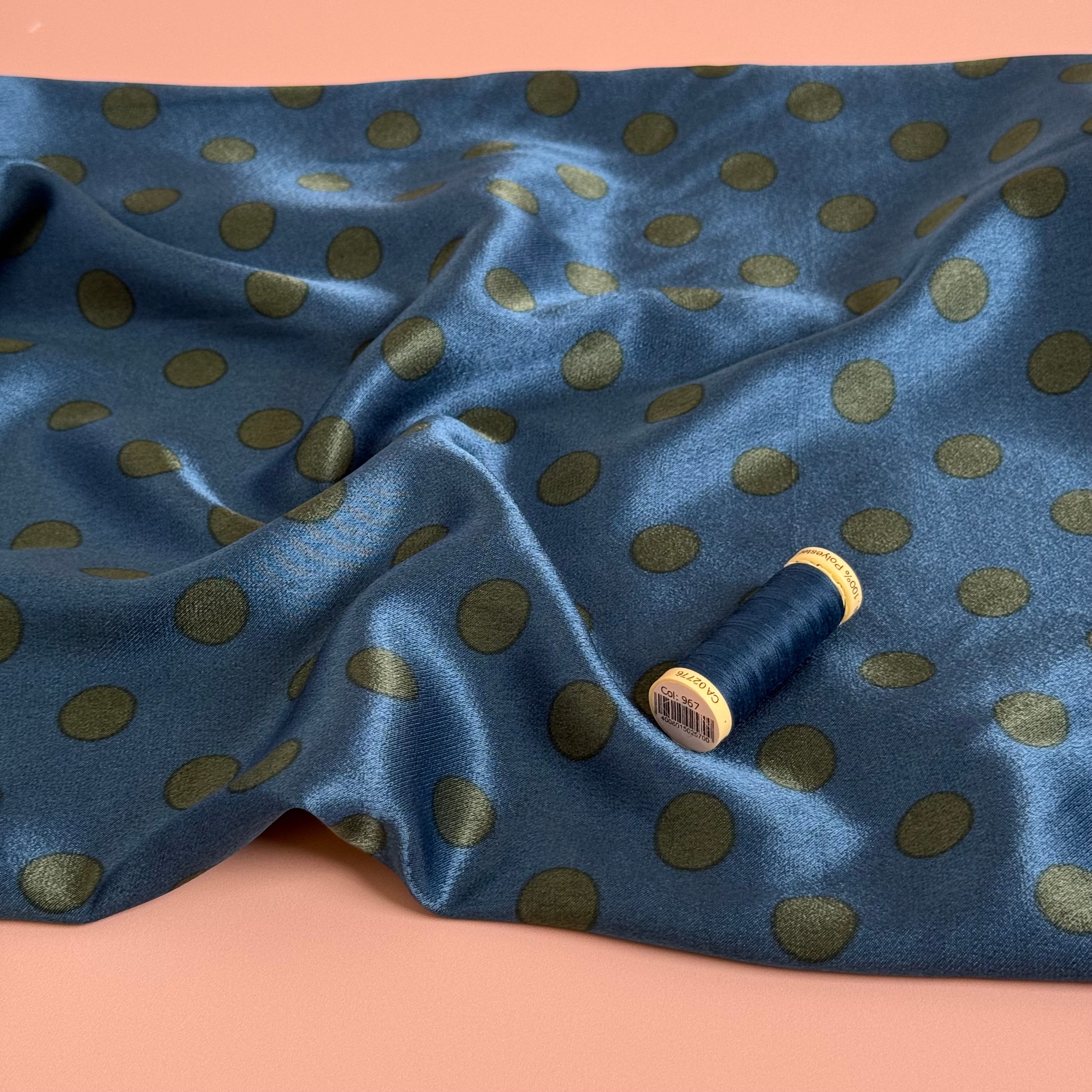 Polka Green on Petrol Spun Viscose Sateen Fabric