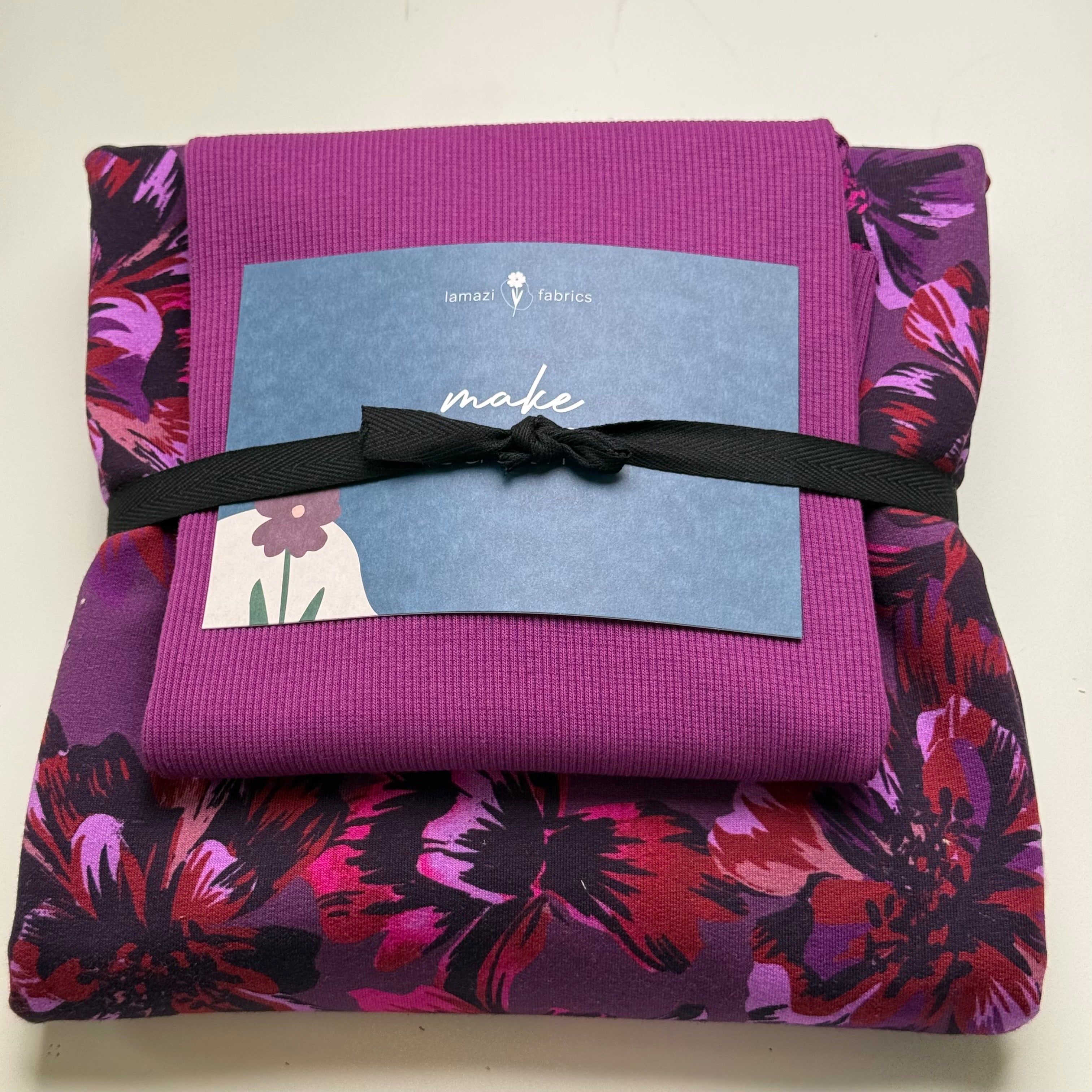 Colour Bundles - Magenta Flowers Cotton Sweatshirting & Matching Ribbing