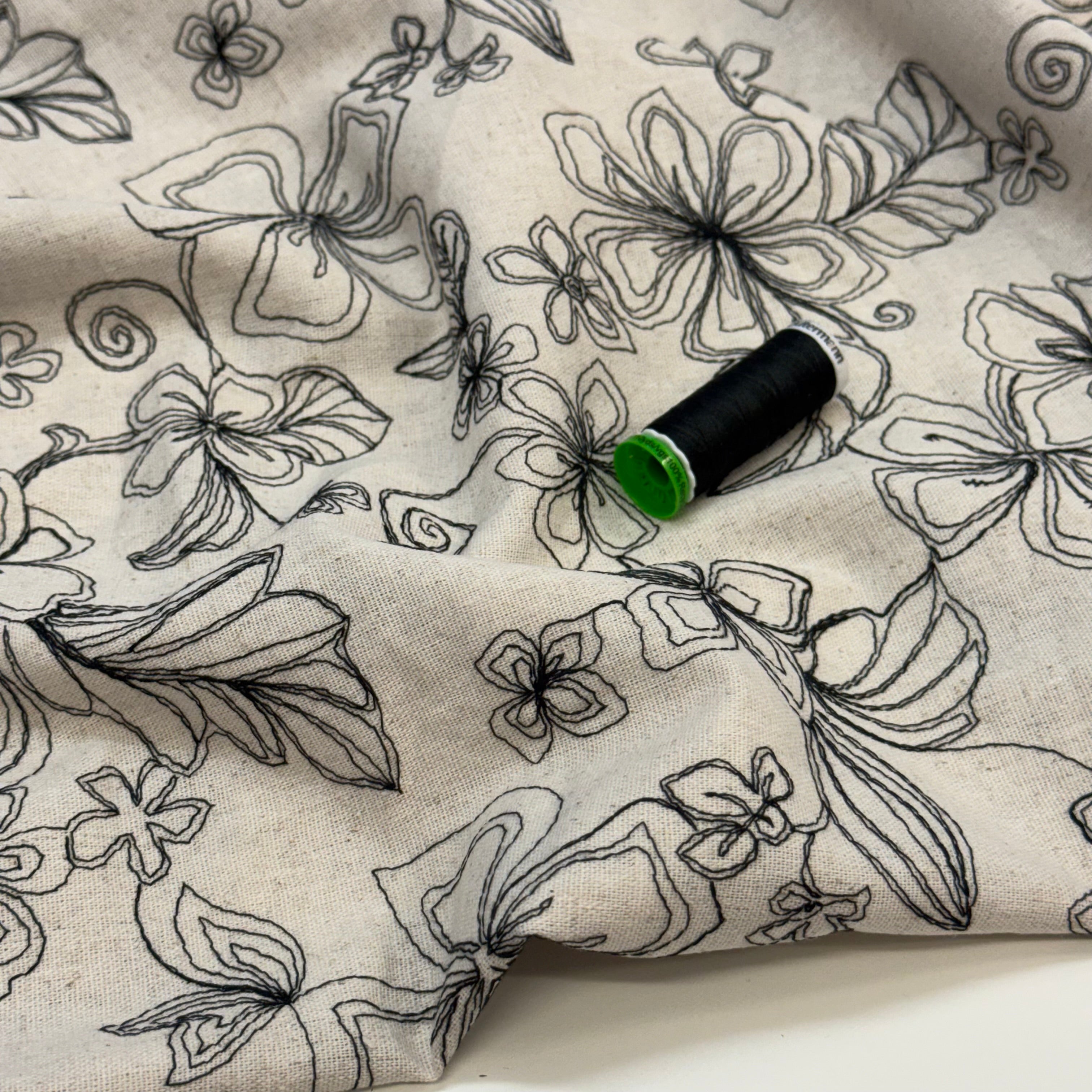 Embroidered Black Flowers on Natural Viscose Linen Blend Fabric