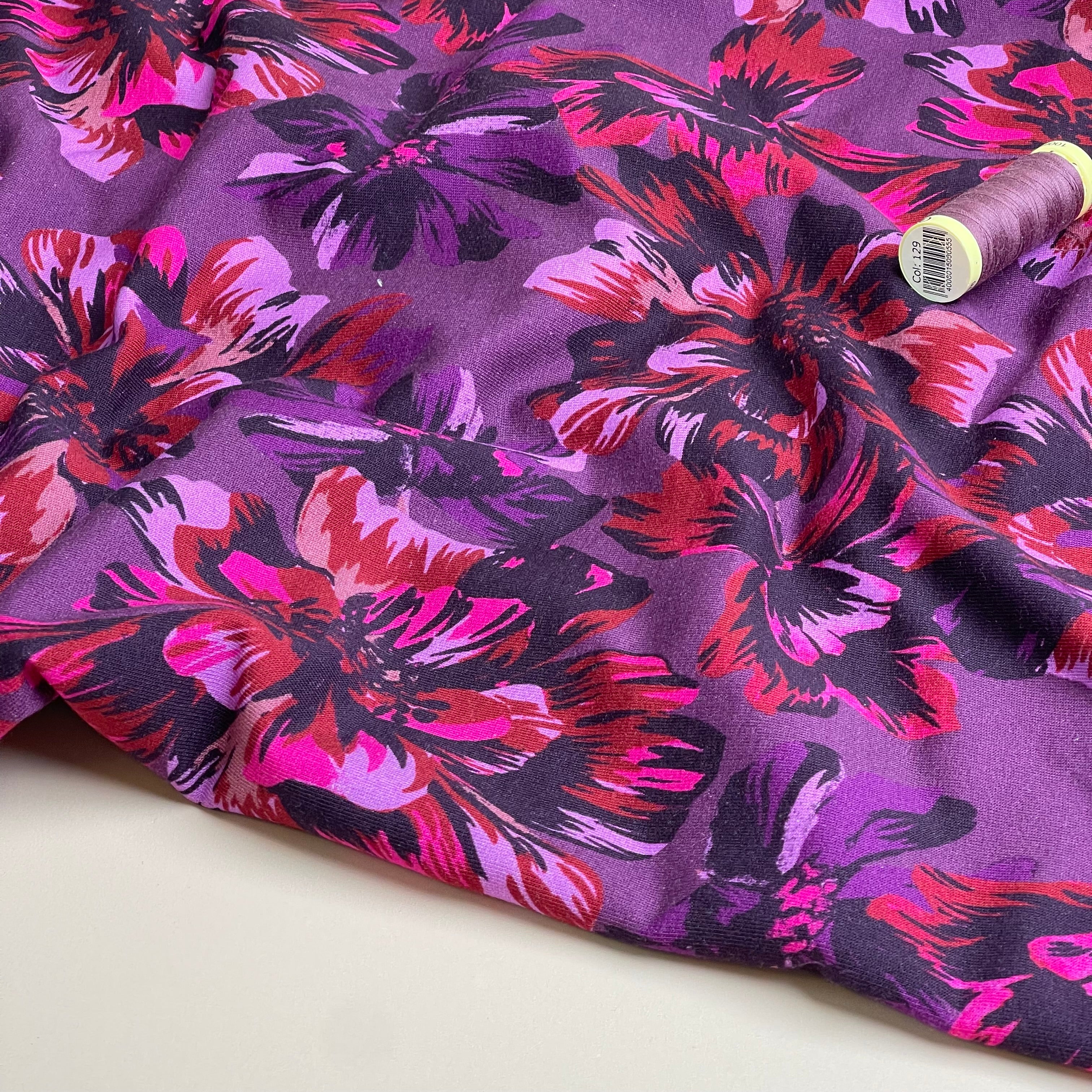 Magenta  Flowers Dark Navy Cotton Sweat-shirting Fabric