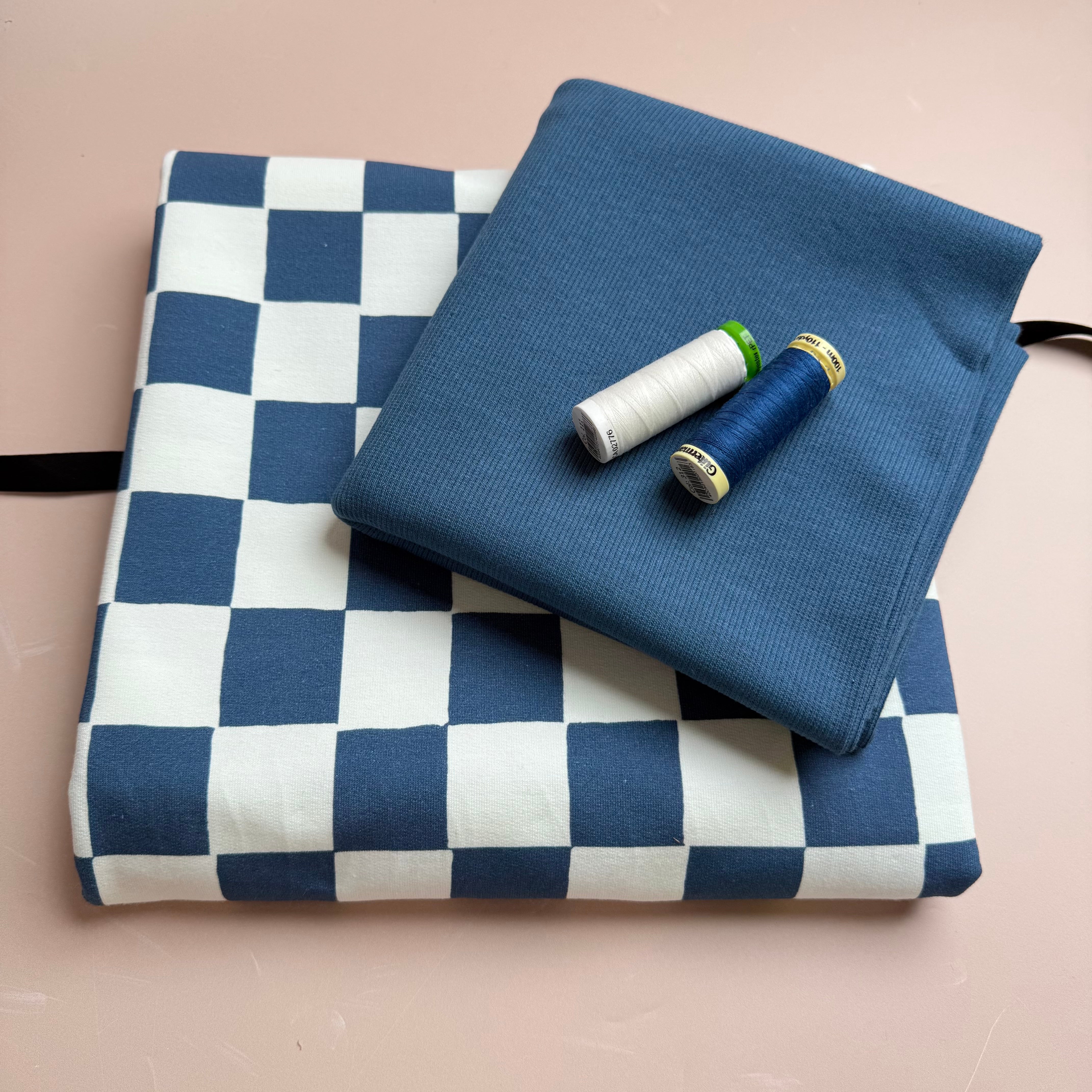 Colour Bundles - Checkers Blue Cotton French Terry & Matching Ribbing
