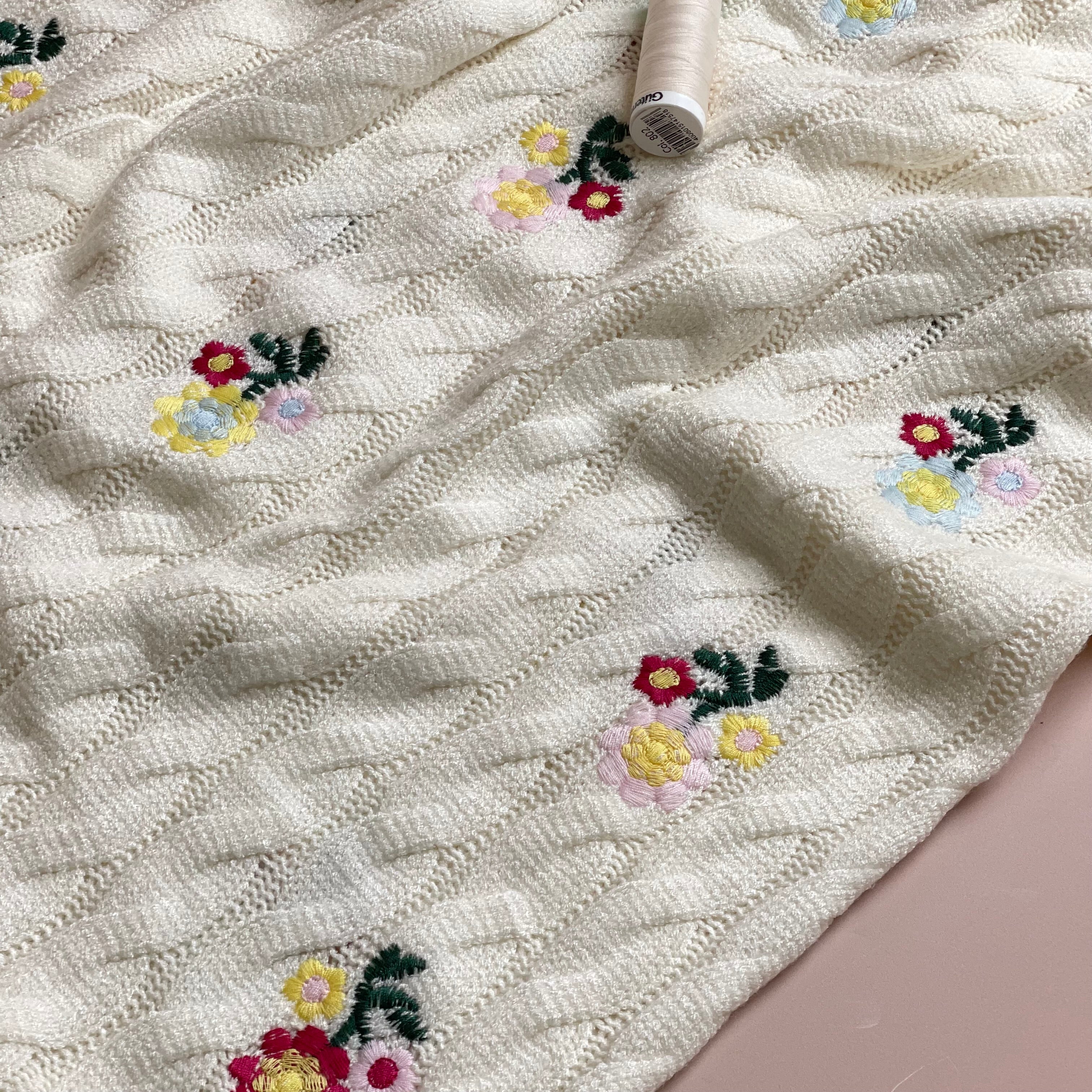 Embroidered Floral Nordic Cable Knit in Ecru