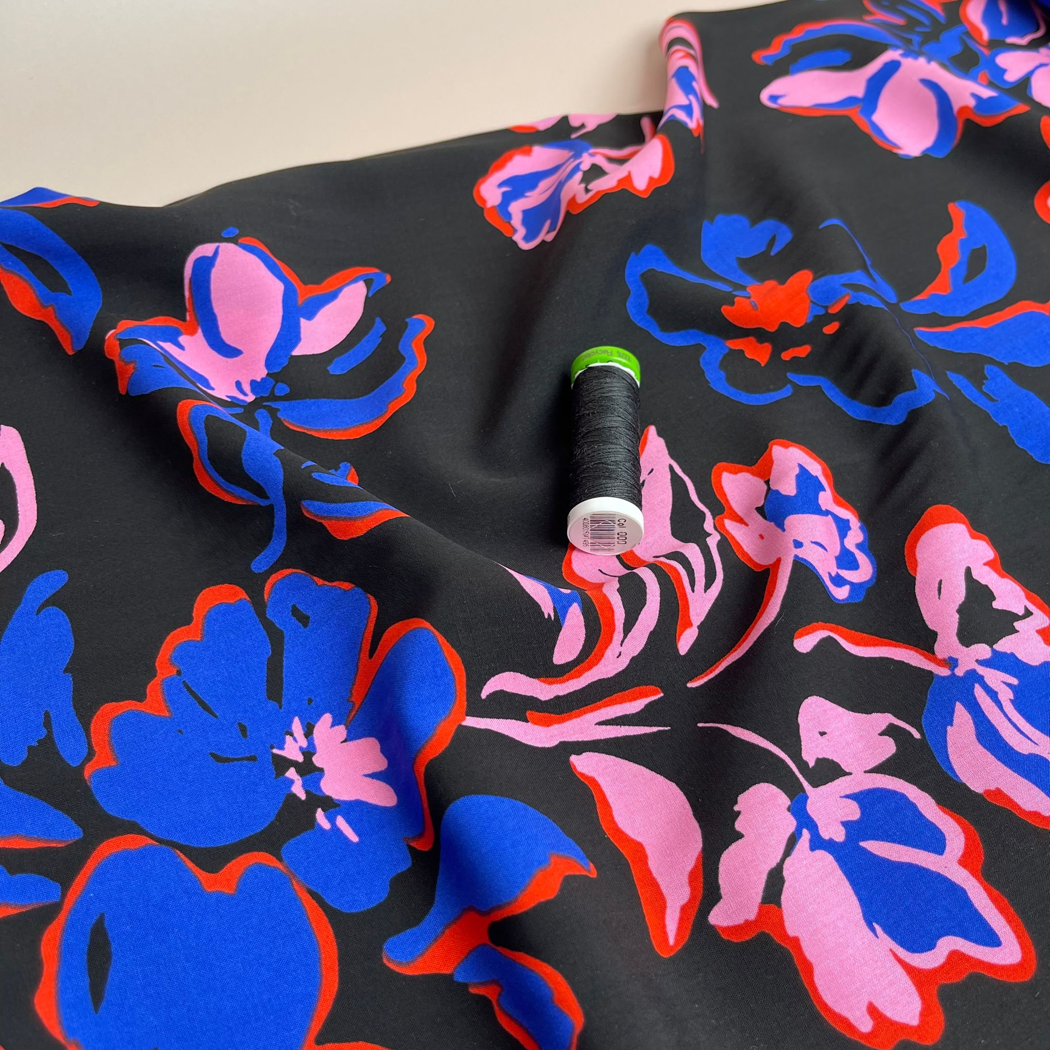 Painted Blooms on Black LENZING™ ECOVERO™ Viscose Fabric