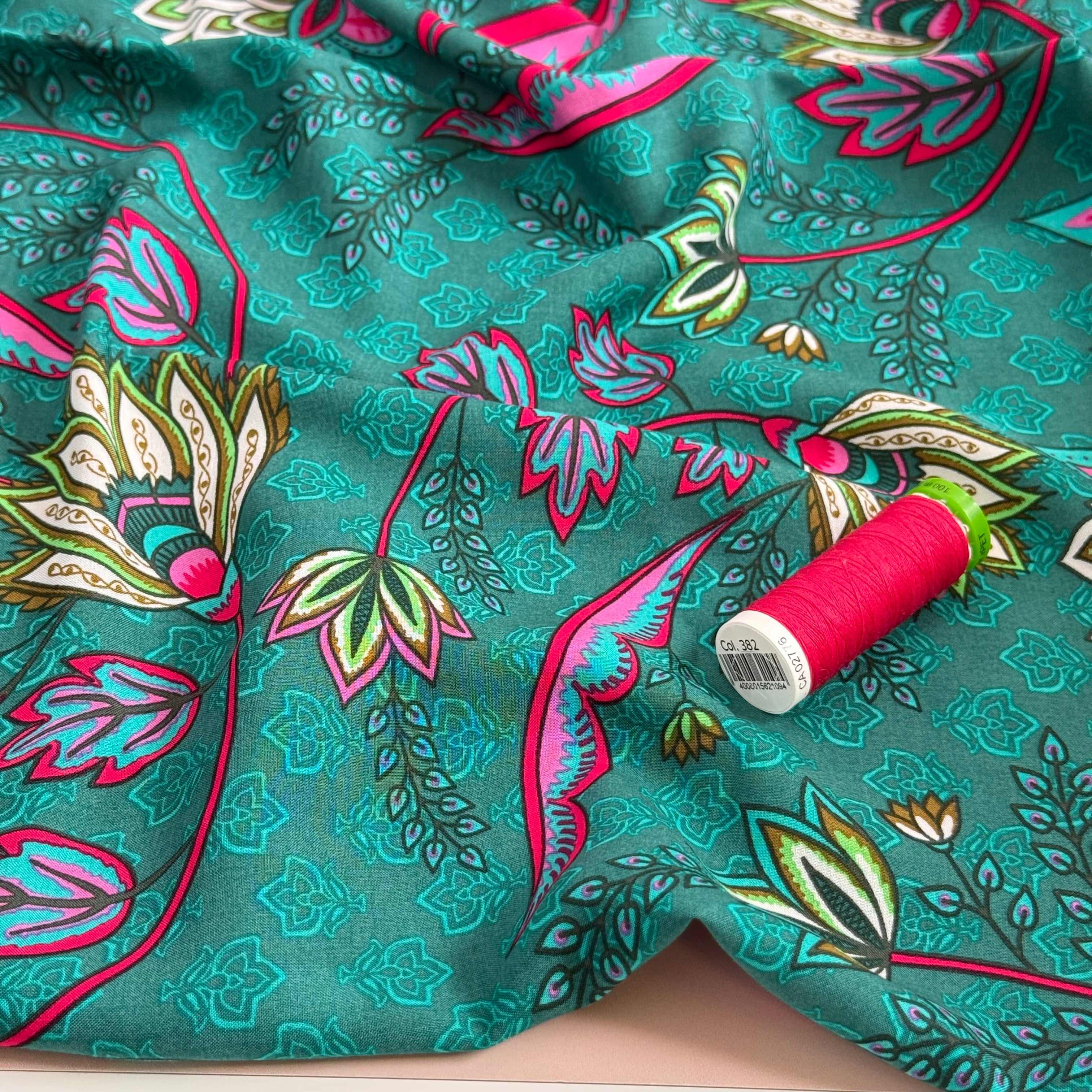 Lotus Flowers Teal Viscose Voile Fabric