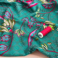 Lotus Flowers Teal Viscose Voile Fabric