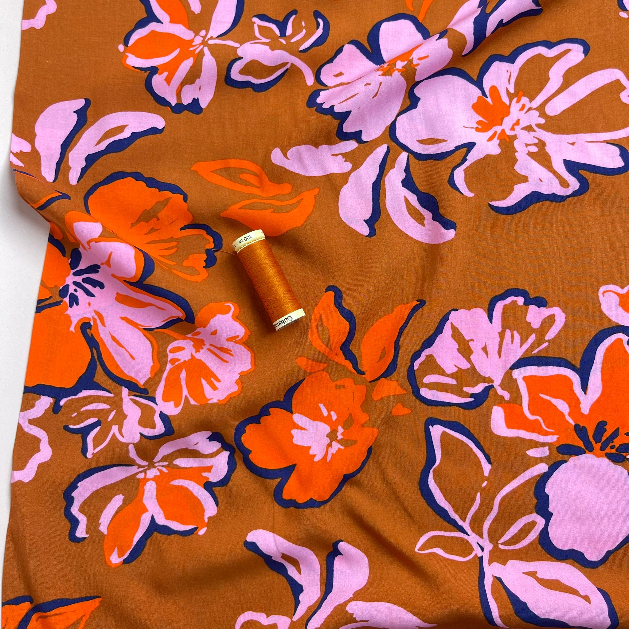 Painted Blooms on Rust LENZING™ ECOVERO™ Viscose Fabric