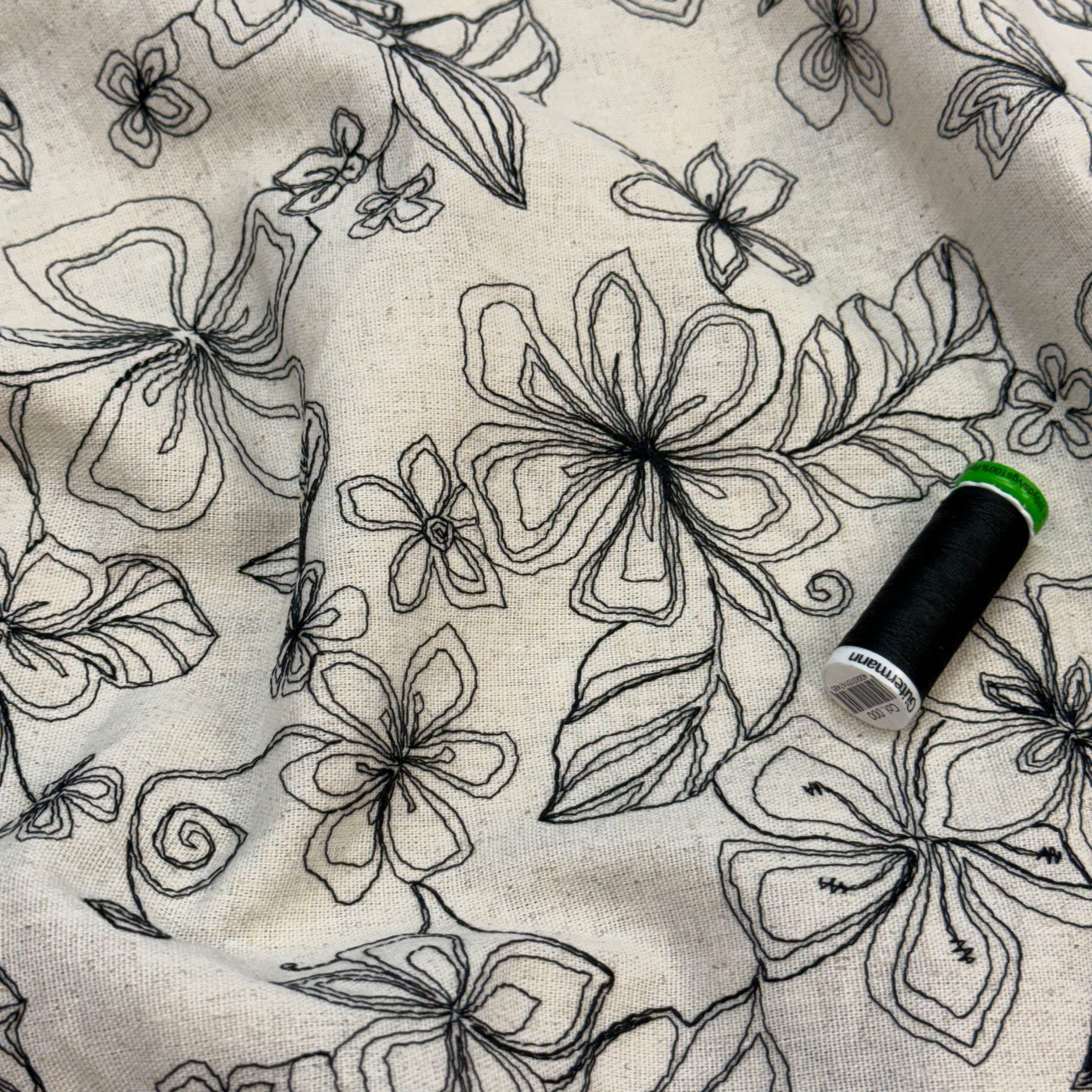 Embroidered Black Flowers on Natural Viscose Linen Blend Fabric