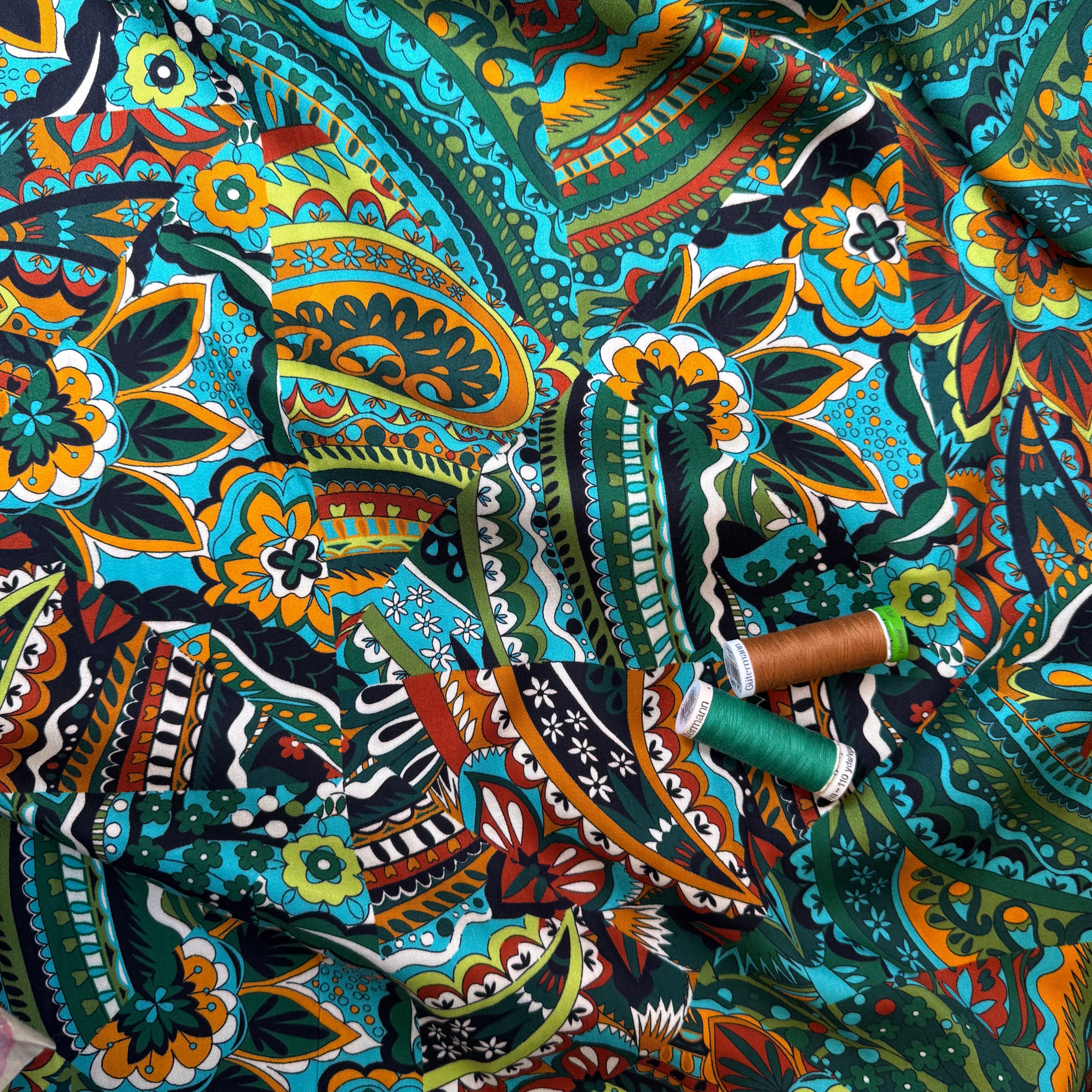 Magical Garden Forest Green Viscose Sateen Fabric