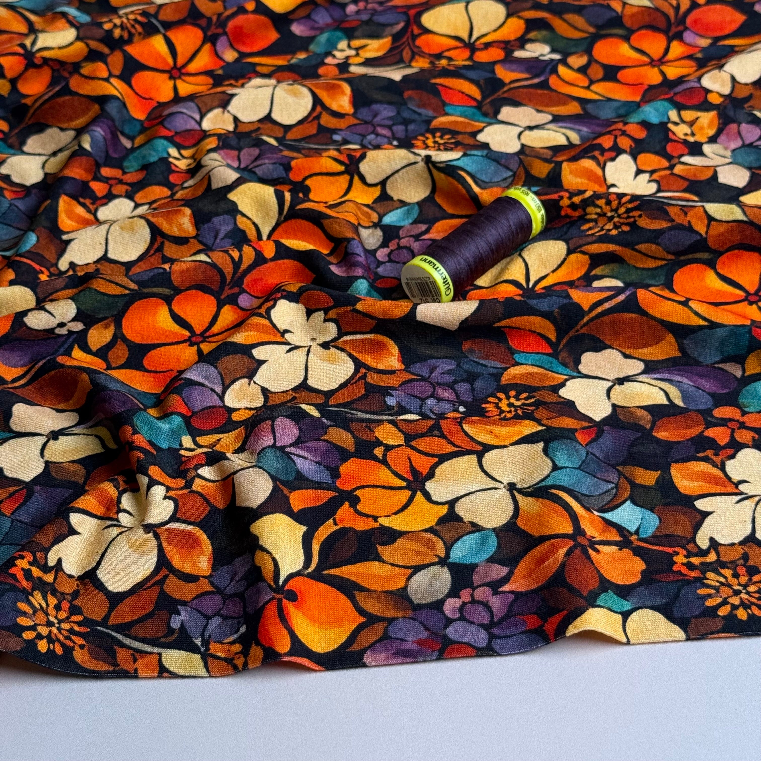 Autumn Flower Petals Orange Viscose Jersey Fabric